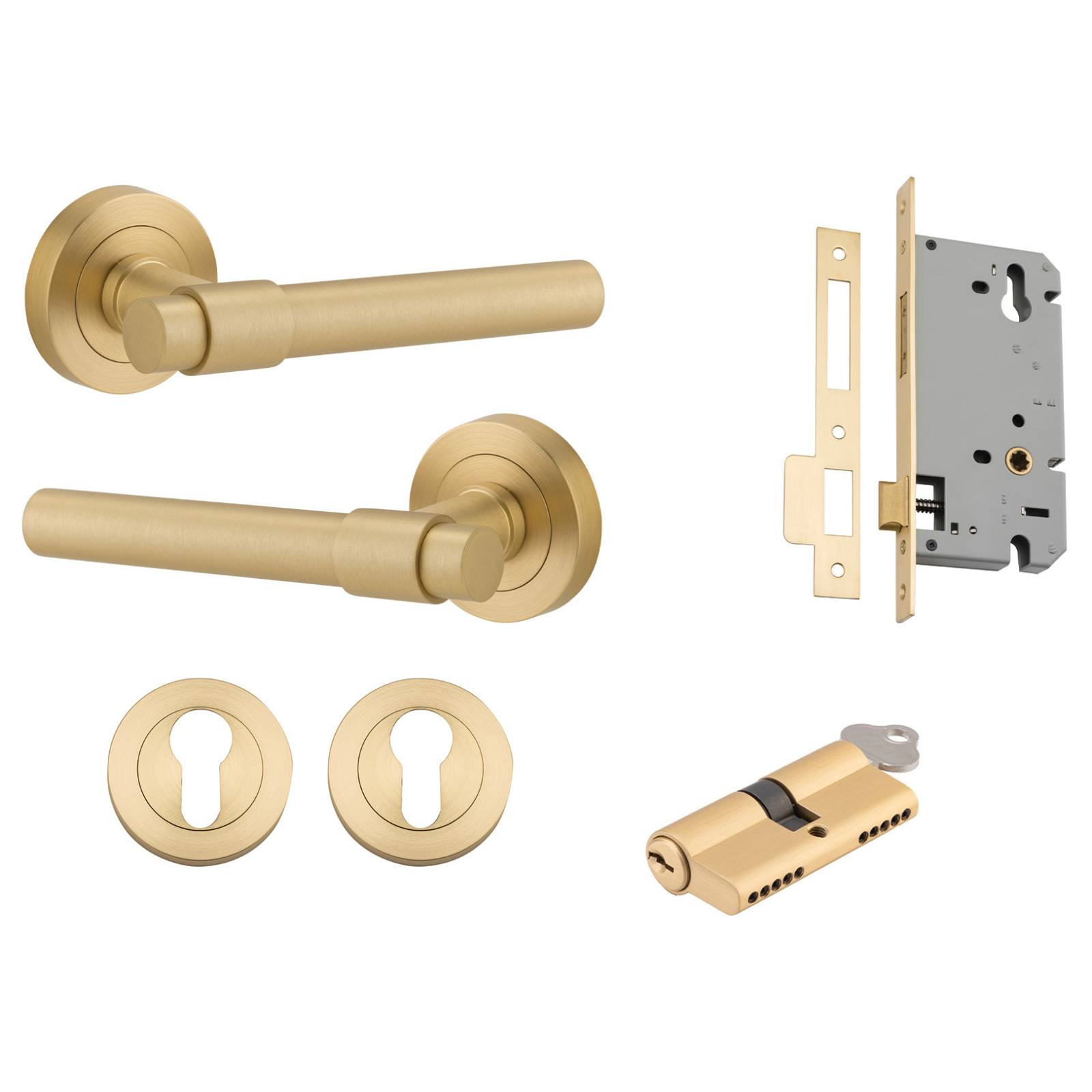 Helsinki Lever Round Rose Entrance Kit w Separate High Security Lock Brushed Gold PVD