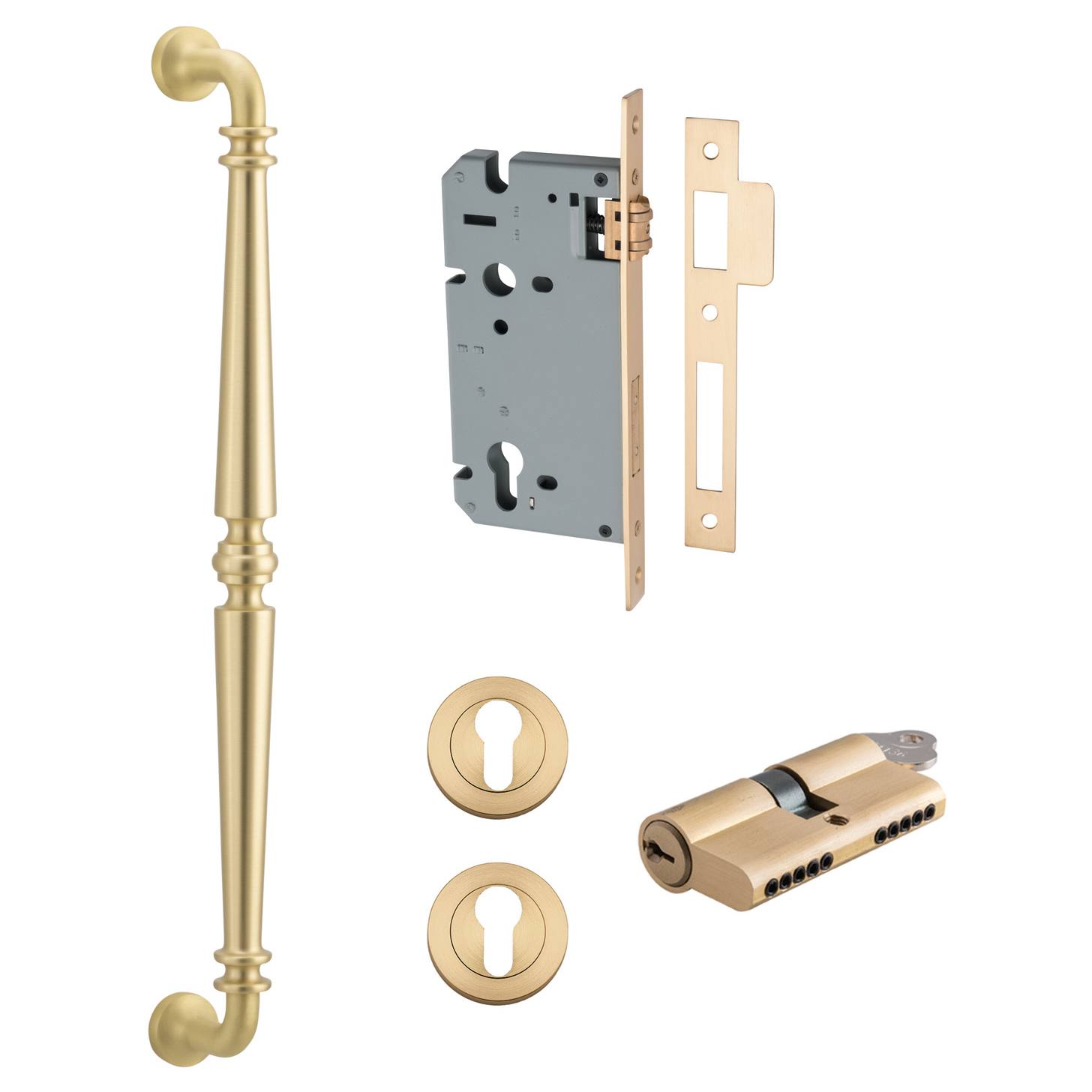Sarlat Pull Handle 450mm Entrance Kit w Separate High Security Lock Brushed Gold PVD
