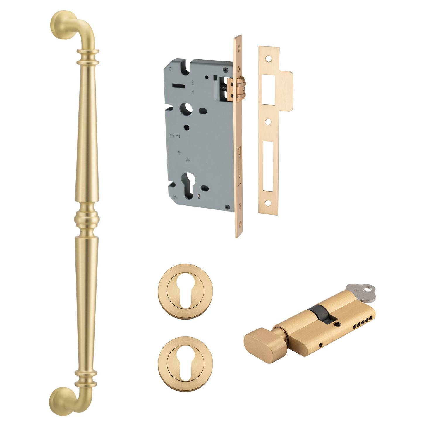 Sarlat Pull Handle 450mm Entrance Kit w Separate High Security Lock Brushed Gold PVD