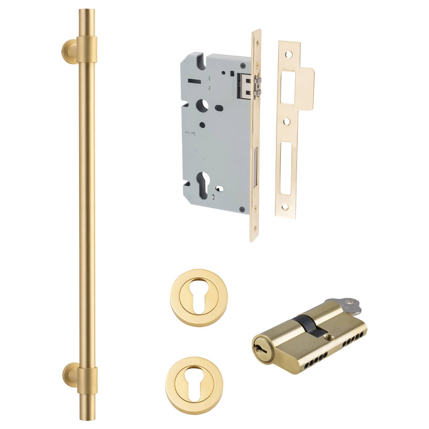 Helsinki Pull Handle 450mm Entrance Kit w Separate High Security Lock Brushed Gold PVD