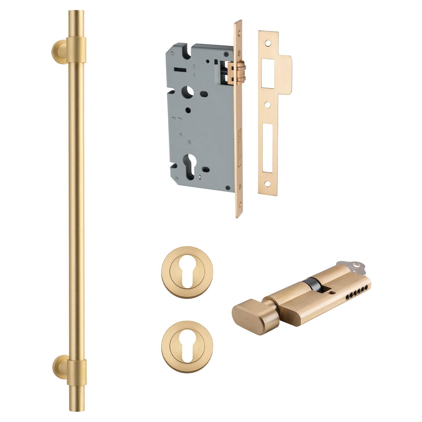 Helsinki Pull Handle 450mm Entrance Kit w Separate High Security Lock Brushed Gold PVD