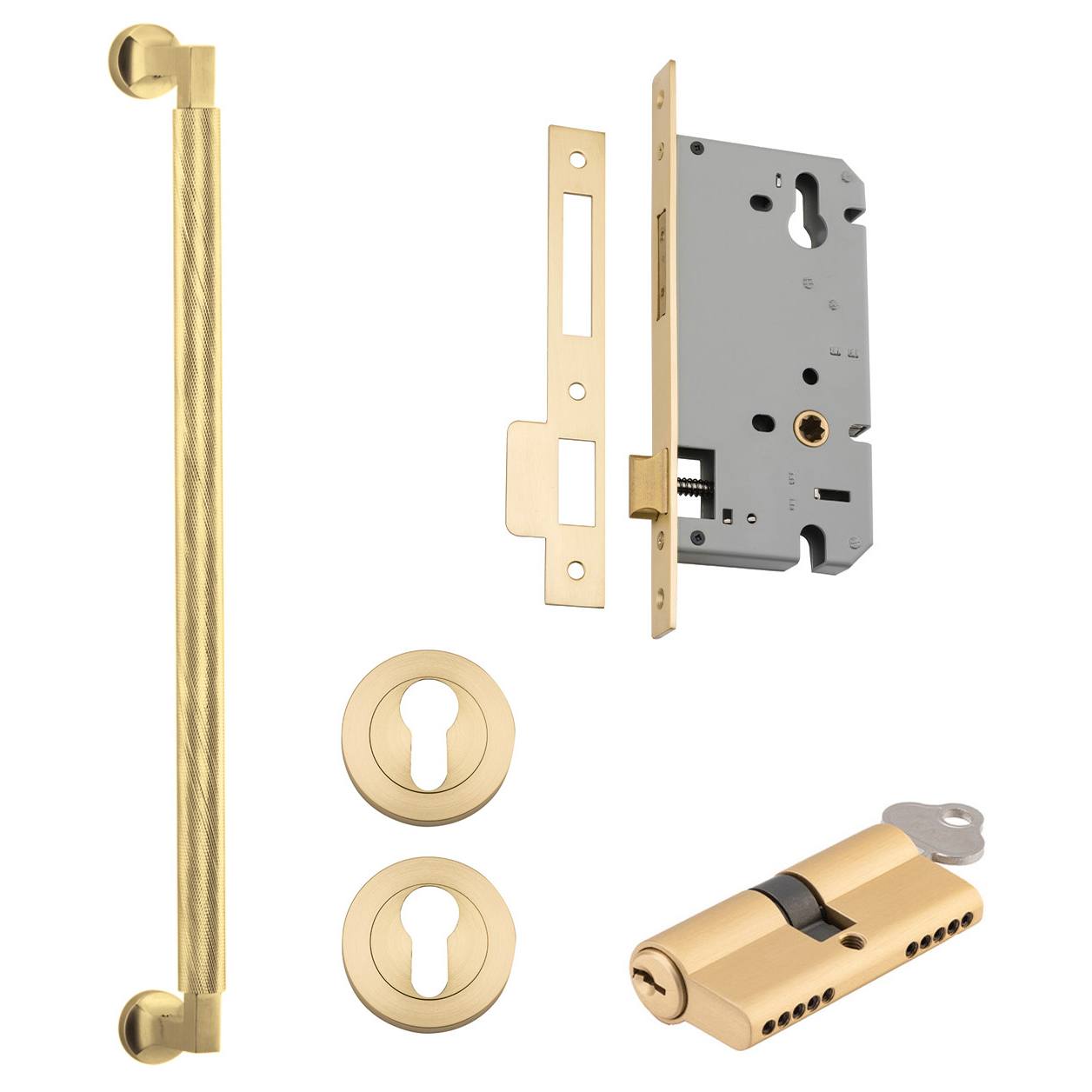 Brunswick Pull Handle 450mm Entrance Kit w Separate High Security Lock Brushed Gold PVD