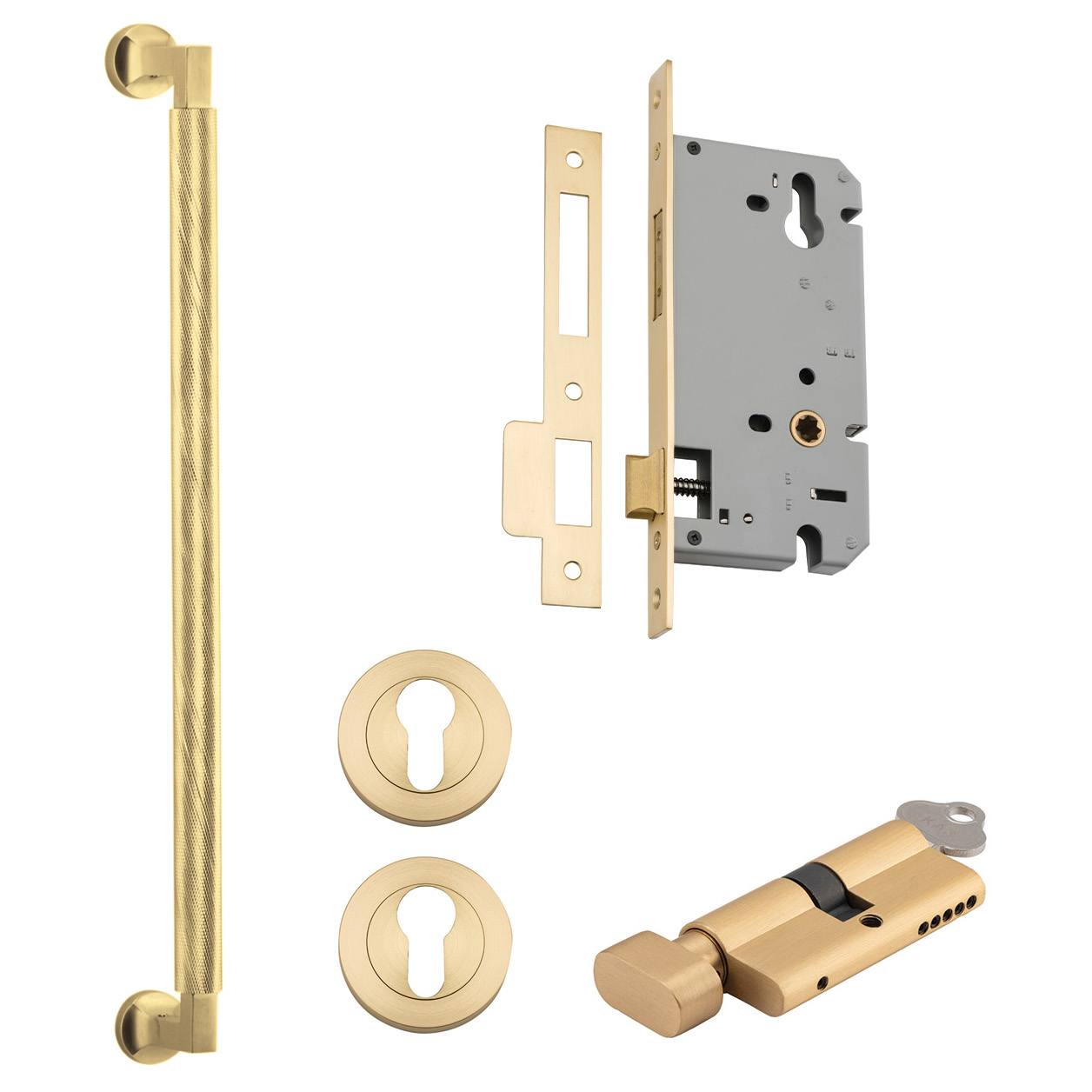 Brunswick Pull Handle 450mm Entrance Kit w Separate High Security Lock Brushed Gold PVD