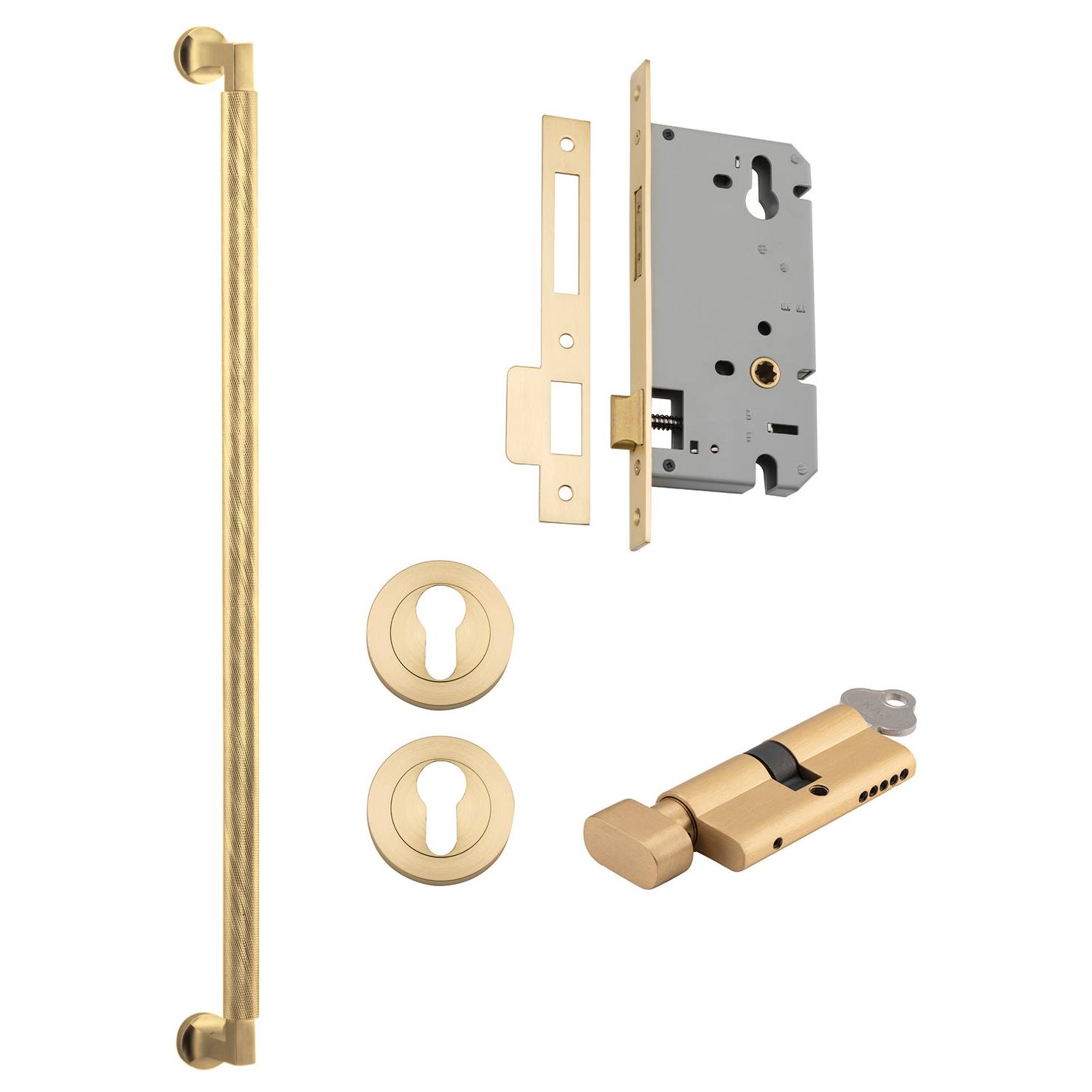 Brunswick Pull Handle 600mm Entrance Kit w Separate High Security Lock Brushed Gold PVD