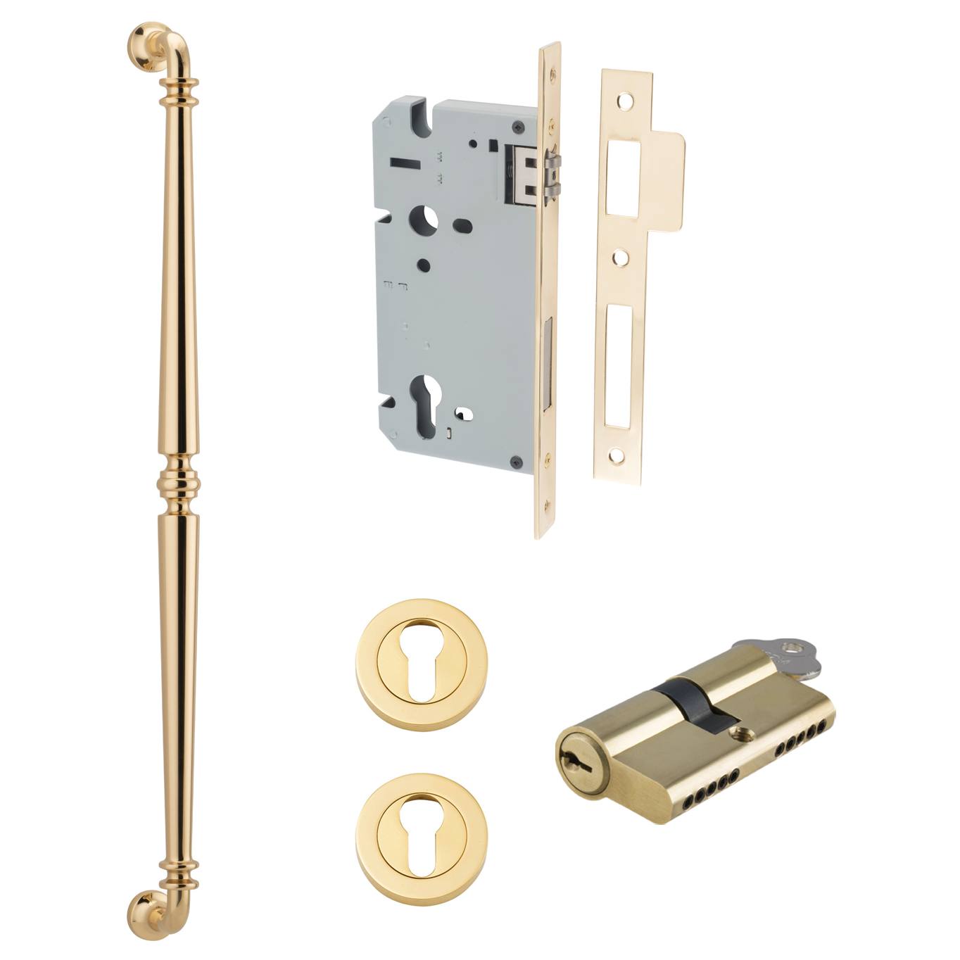 Sarlat Pull Handle 600mm Entrance Kit w Separate High Security Lock Polished Brass
