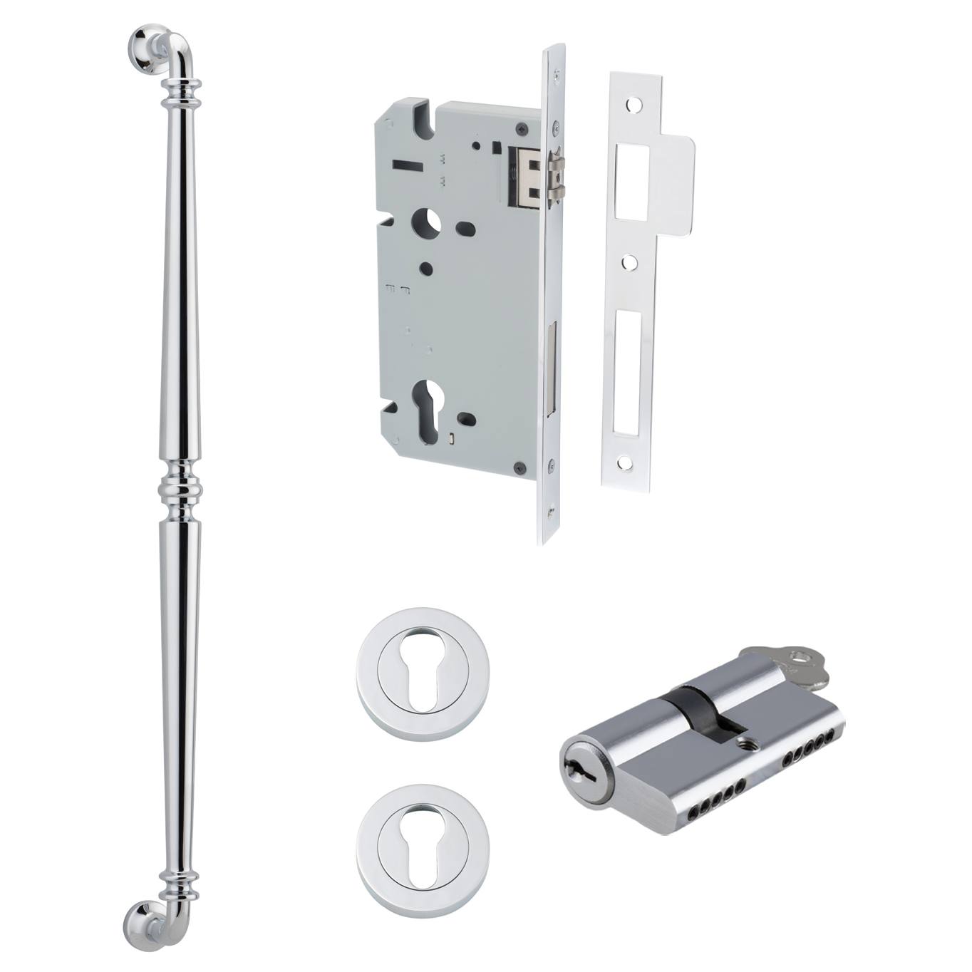 Sarlat Pull Handle 600mm Entrance Kit w Separate High Security Lock Polished Chrome