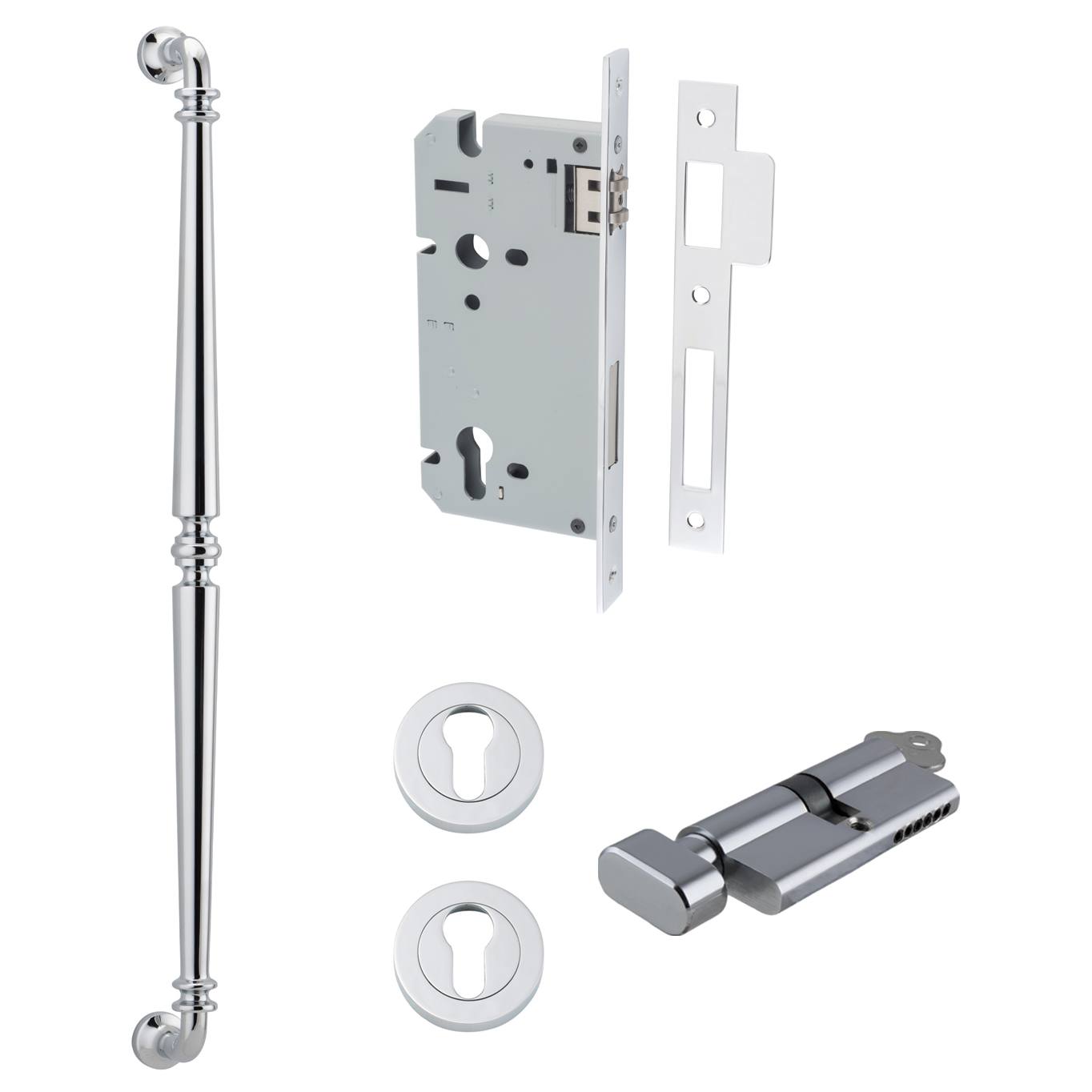Sarlat Pull Handle 600mm Entrance Kit w Separate High Security Lock Polished Chrome