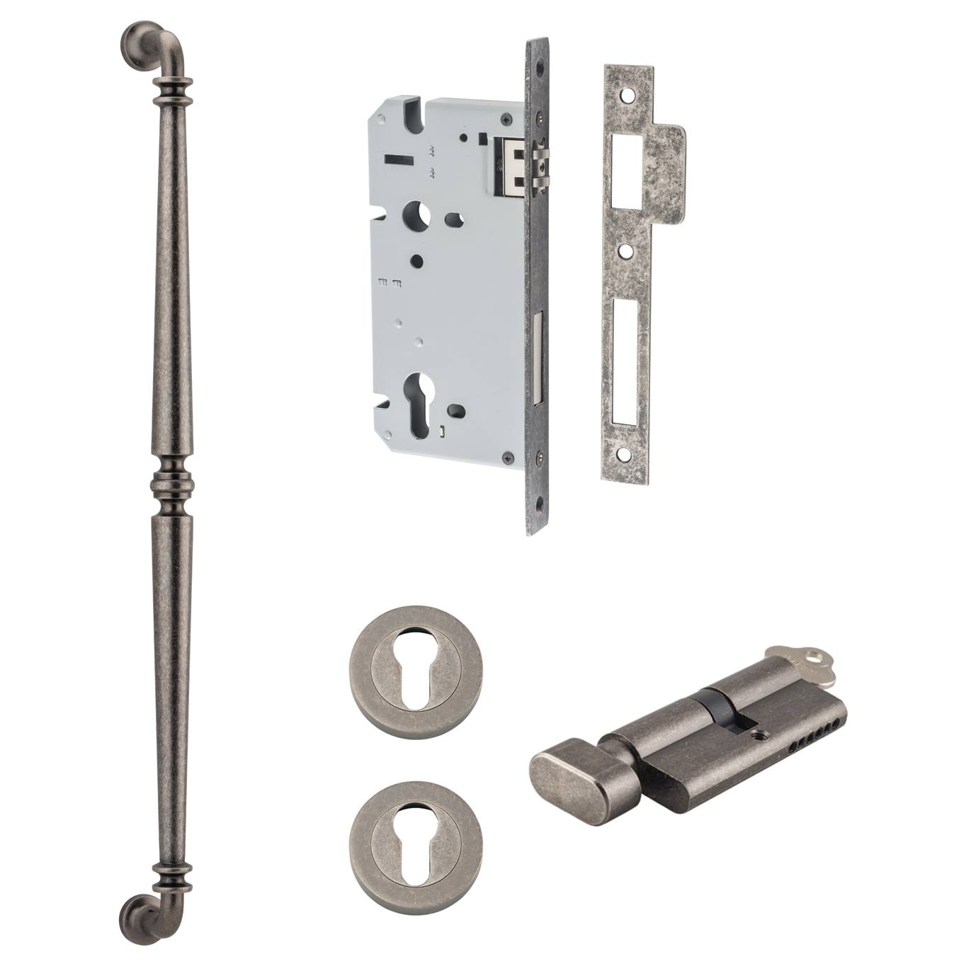 Sarlat Pull Handle 600mm Entrance Kit w Separate High Security Lock Distressed Nickel