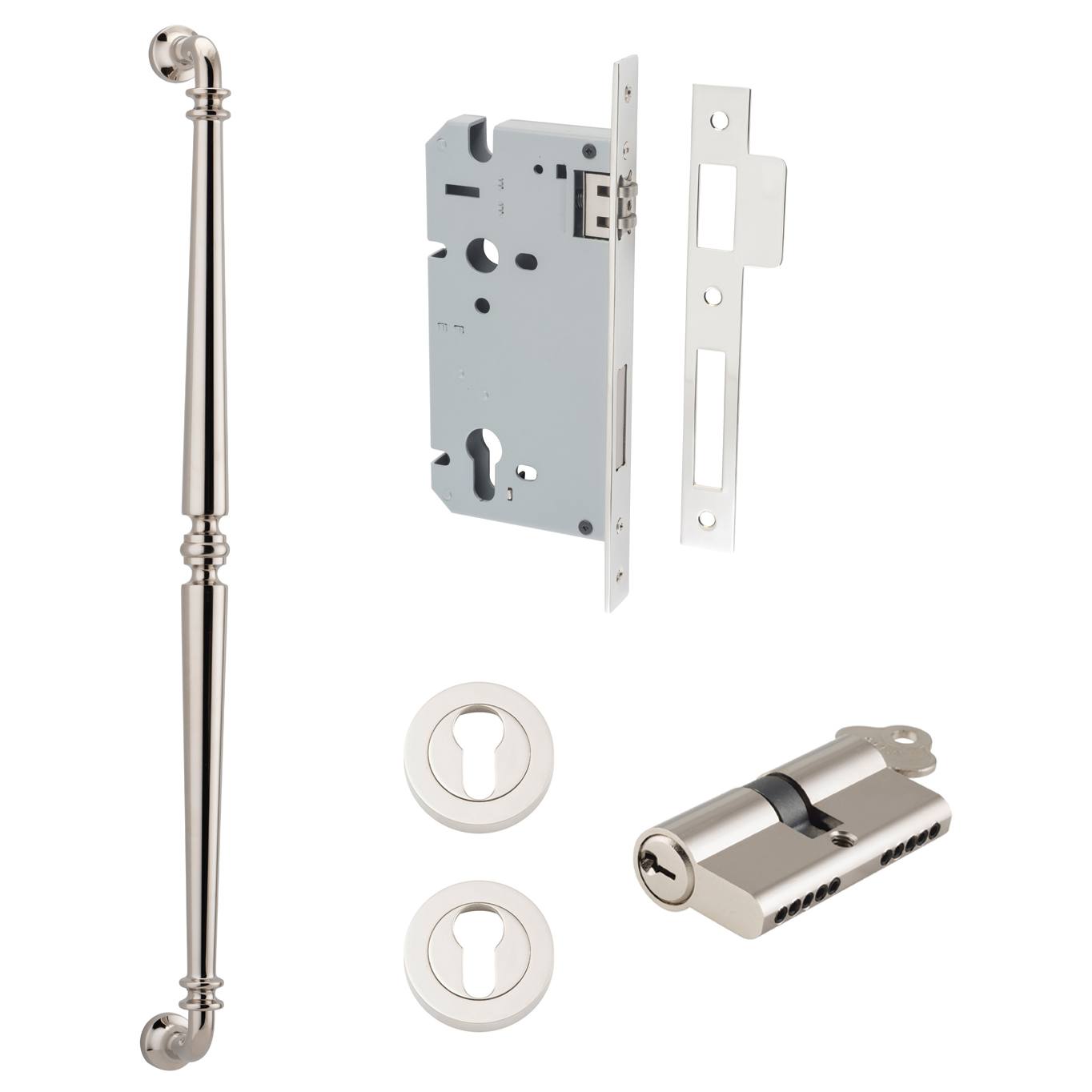 Sarlat Pull Handle 600mm Entrance Kit w Separate High Security Lock Polished Nickel