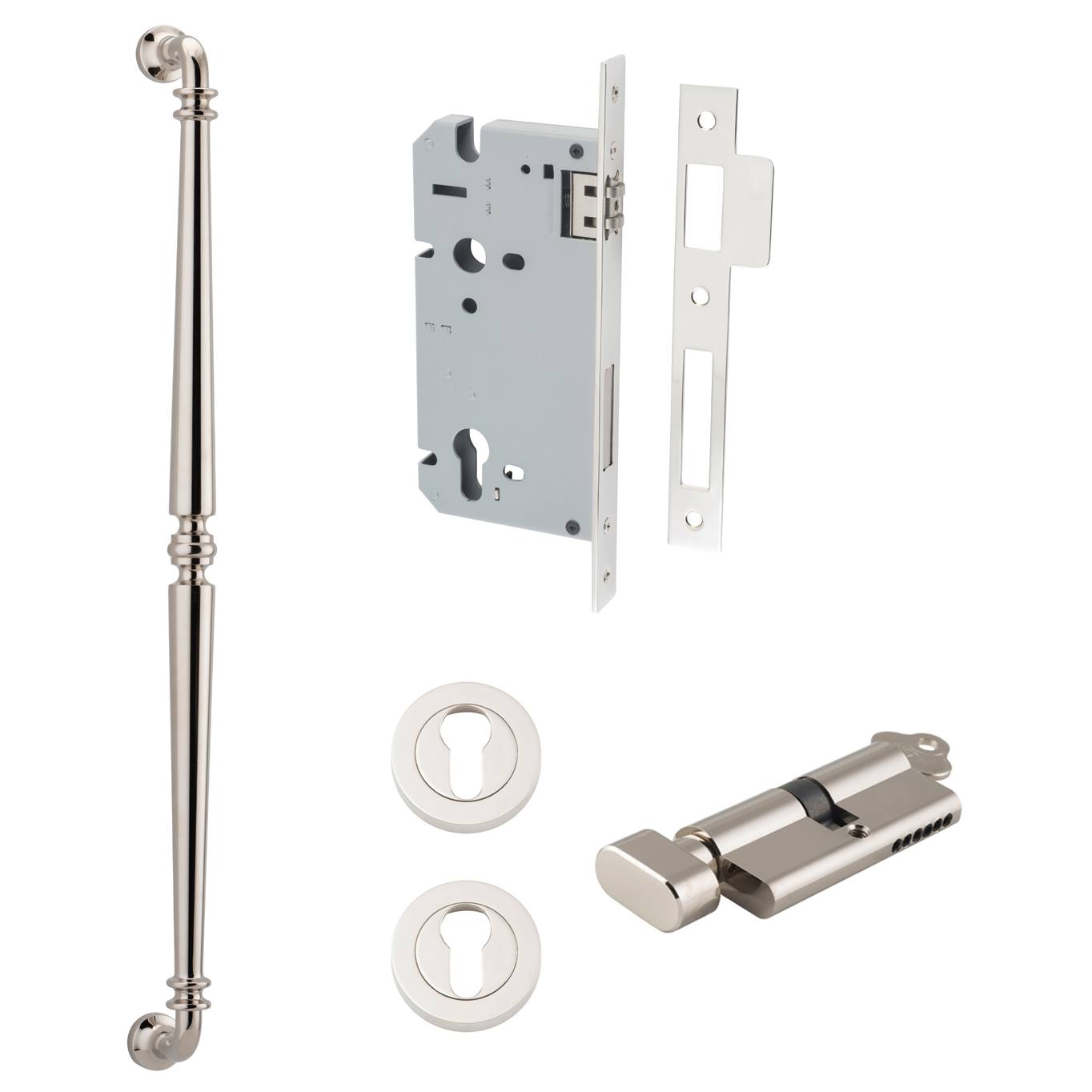 Sarlat Pull Handle 600mm Entrance Kit w Separate High Security Lock Polished Nickel