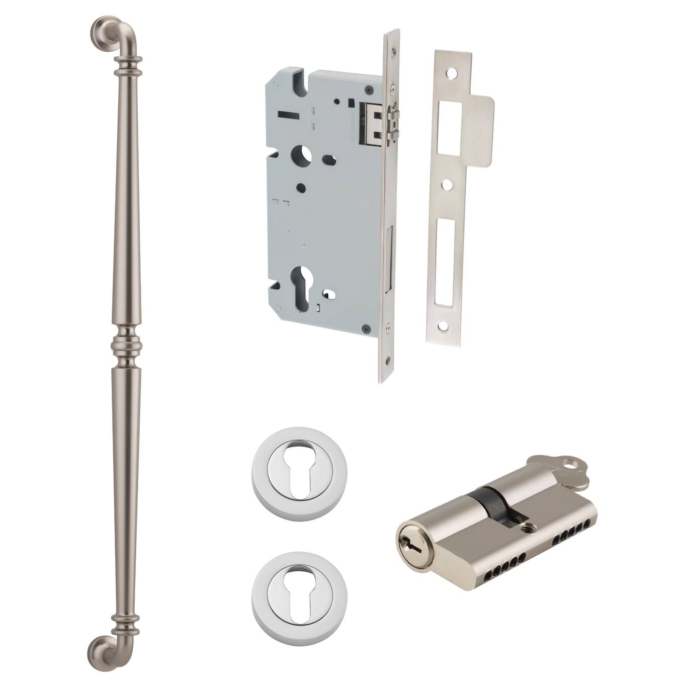 Sarlat Pull Handle 600mm Entrance Kit w Separate High Security Lock Satin Nickel