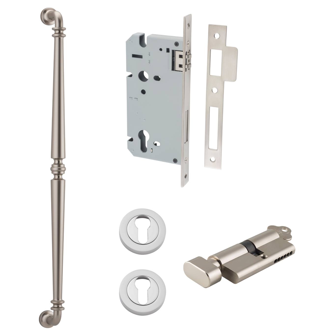 Sarlat Pull Handle 600mm Entrance Kit w Separate High Security Lock Satin Nickel