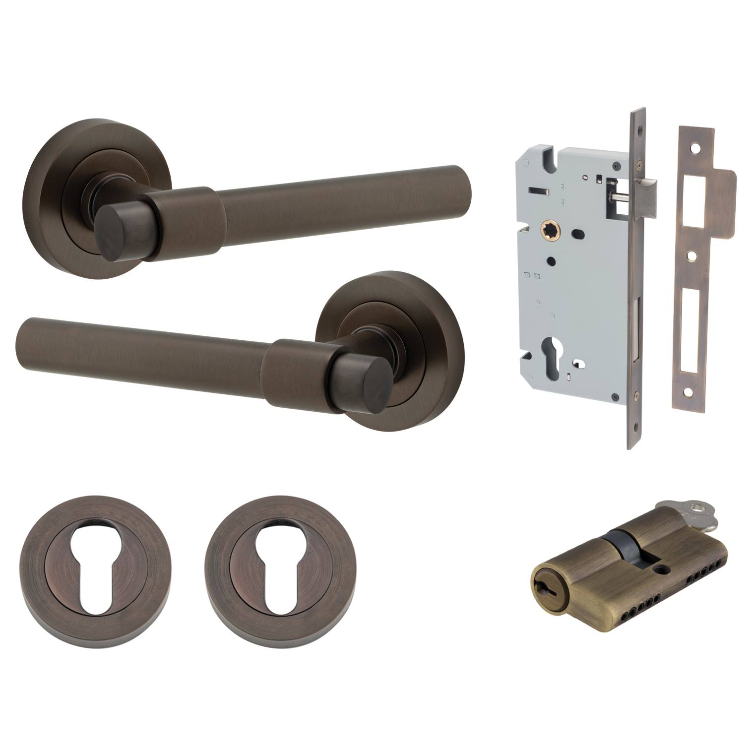 Helsinki Lever Round Rose Entrance Kit w Separate High Security Lock Signature Brass