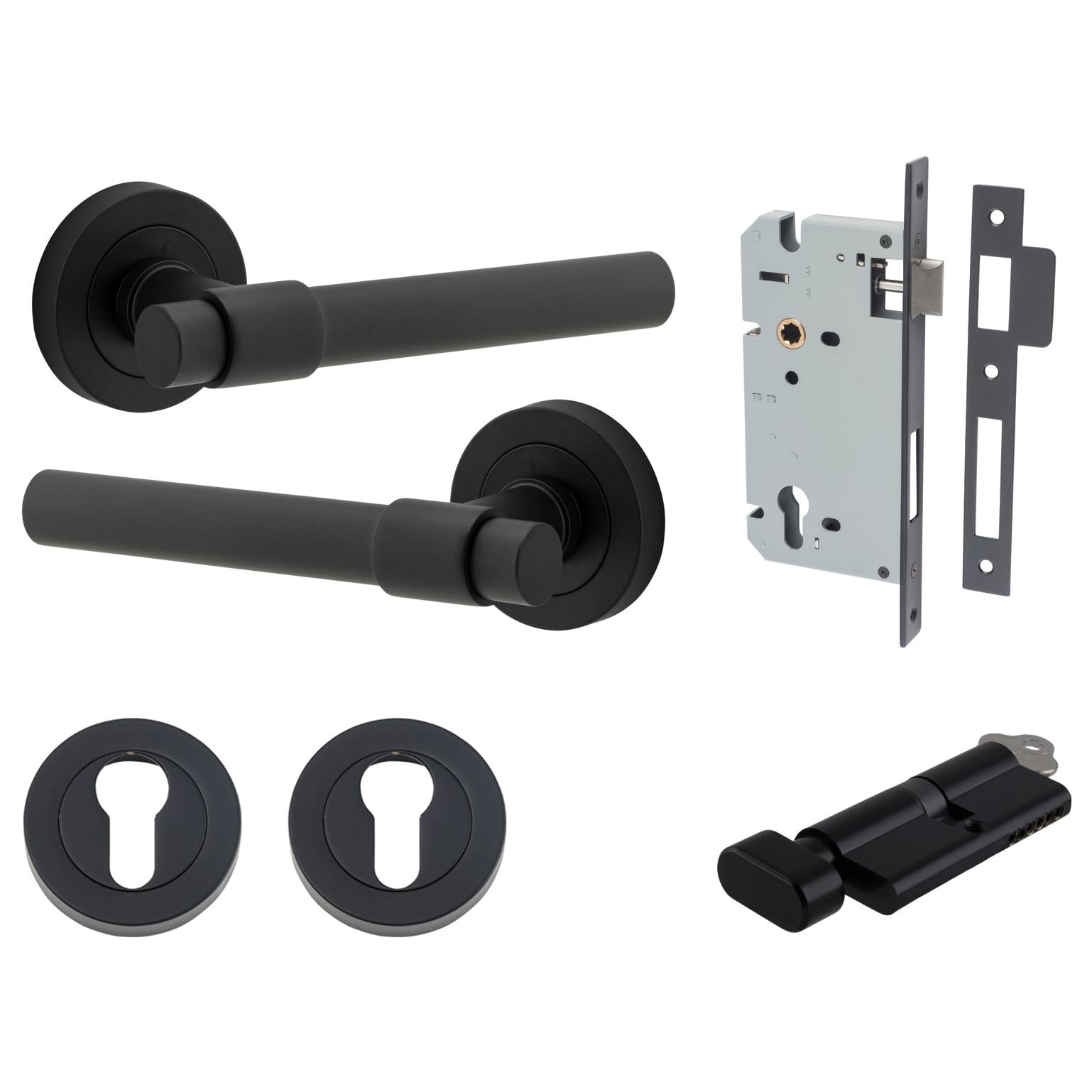 Helsinki Lever Round Rose Entrance Kit w Separate High Security Lock Matt Black