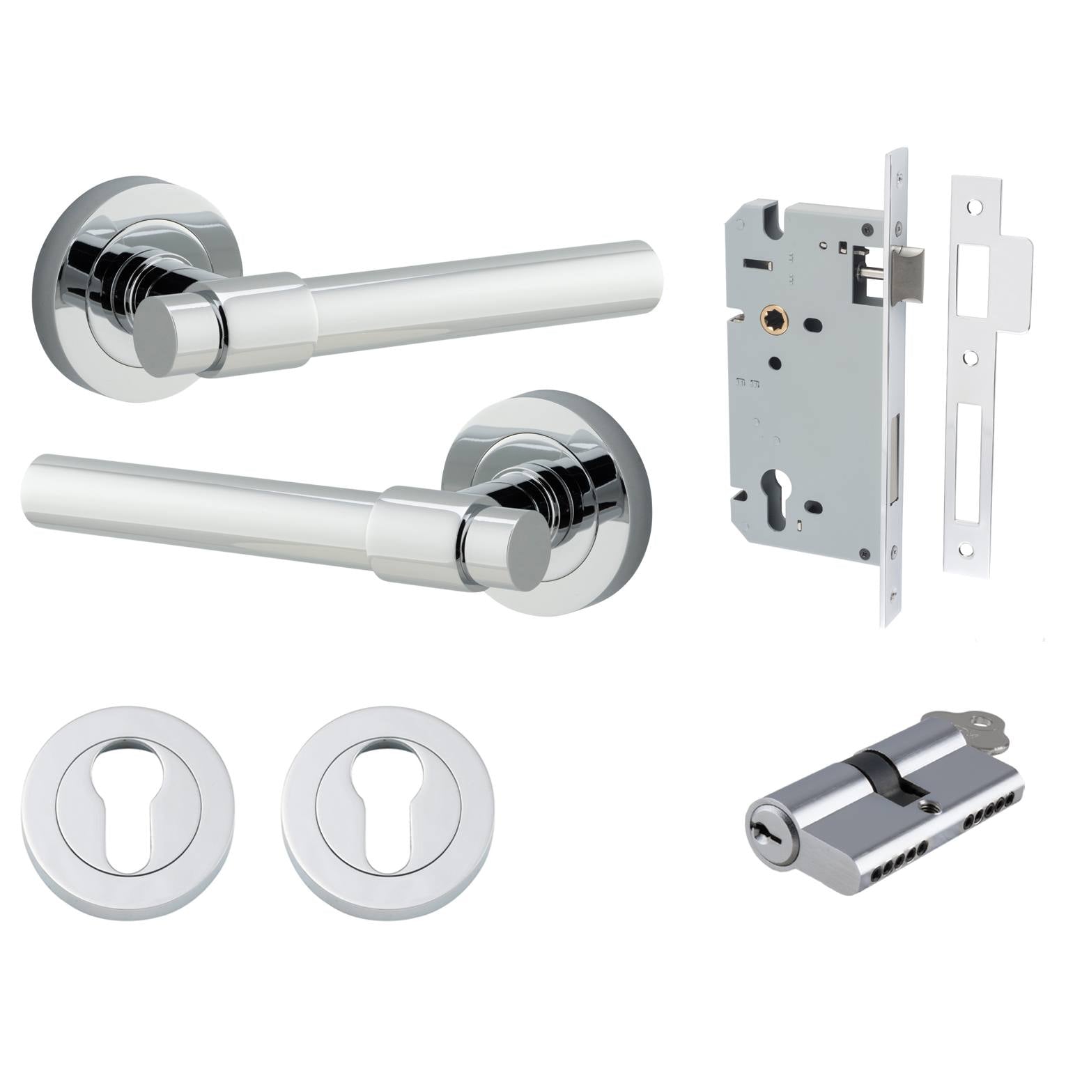 Helsinki Lever Round Rose Entrance Kit w Separate High Security Lock Polished Chrome