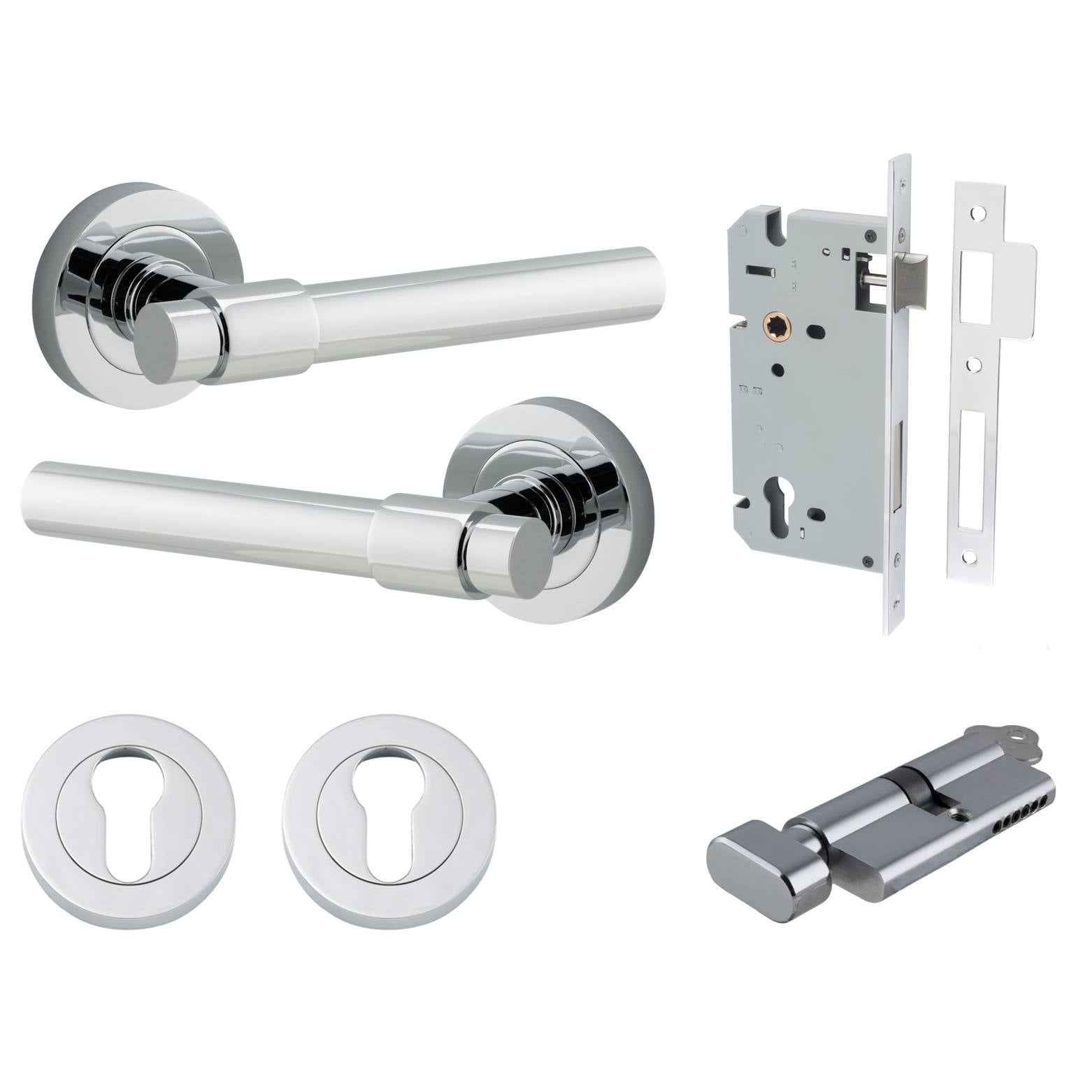 Helsinki Lever Round Rose Entrance Kit w Separate High Security Lock Polished Chrome