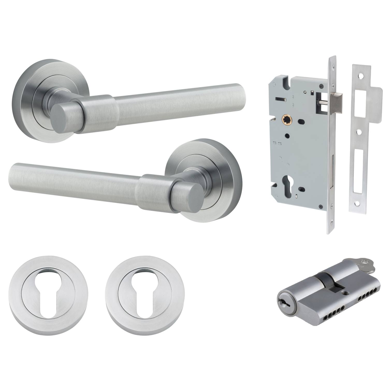 Helsinki Lever Round Rose Entrance Kit w Separate High Security Lock Brushed Chrome