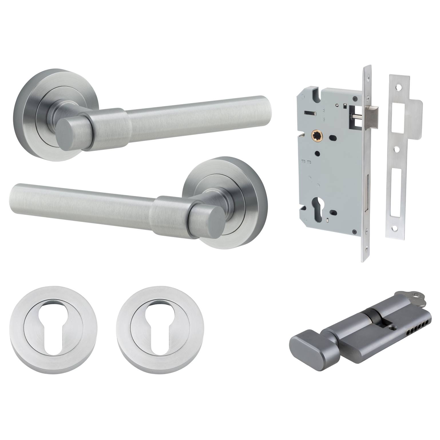 Helsinki Lever Round Rose Entrance Kit w Separate High Security Lock Brushed Chrome