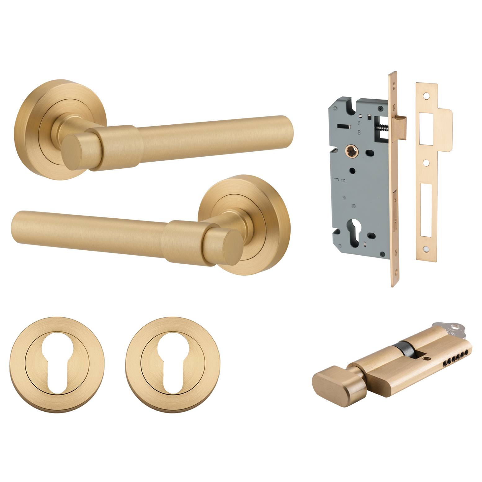 Helsinki Lever Round Rose Entrance Kit w Separate High Security Lock Brushed Brass