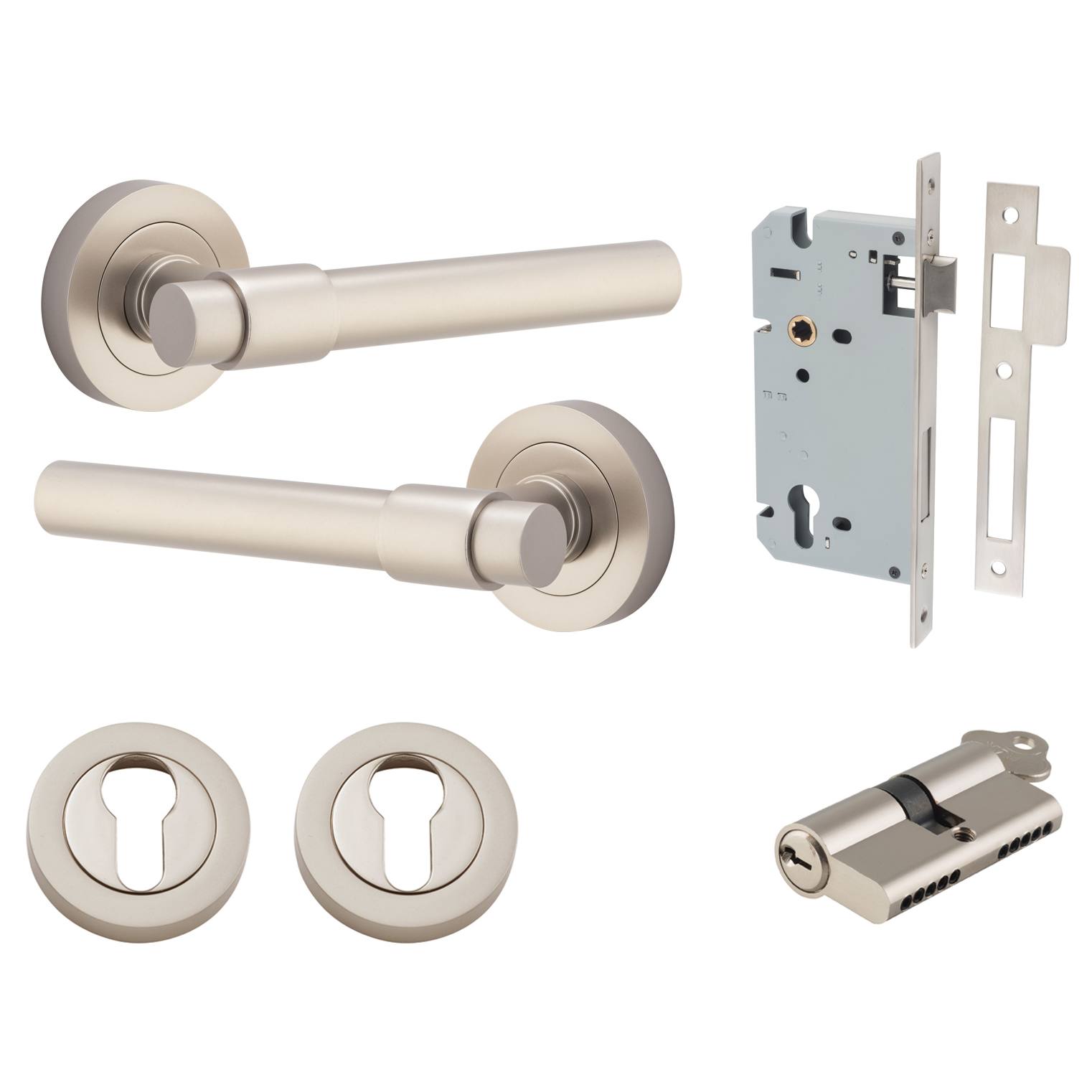 Helsinki Lever Round Rose Entrance Kit w Separate High Security Lock Satin Nickel