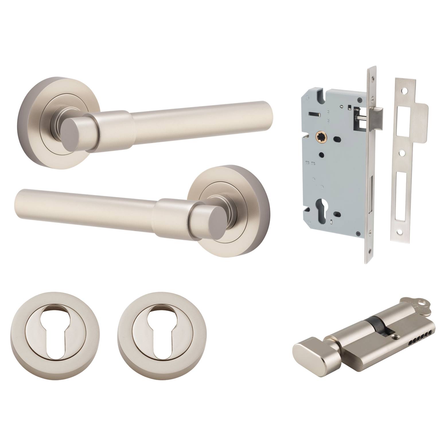 Helsinki Lever Round Rose Entrance Kit w Separate High Security Lock Satin Nickel
