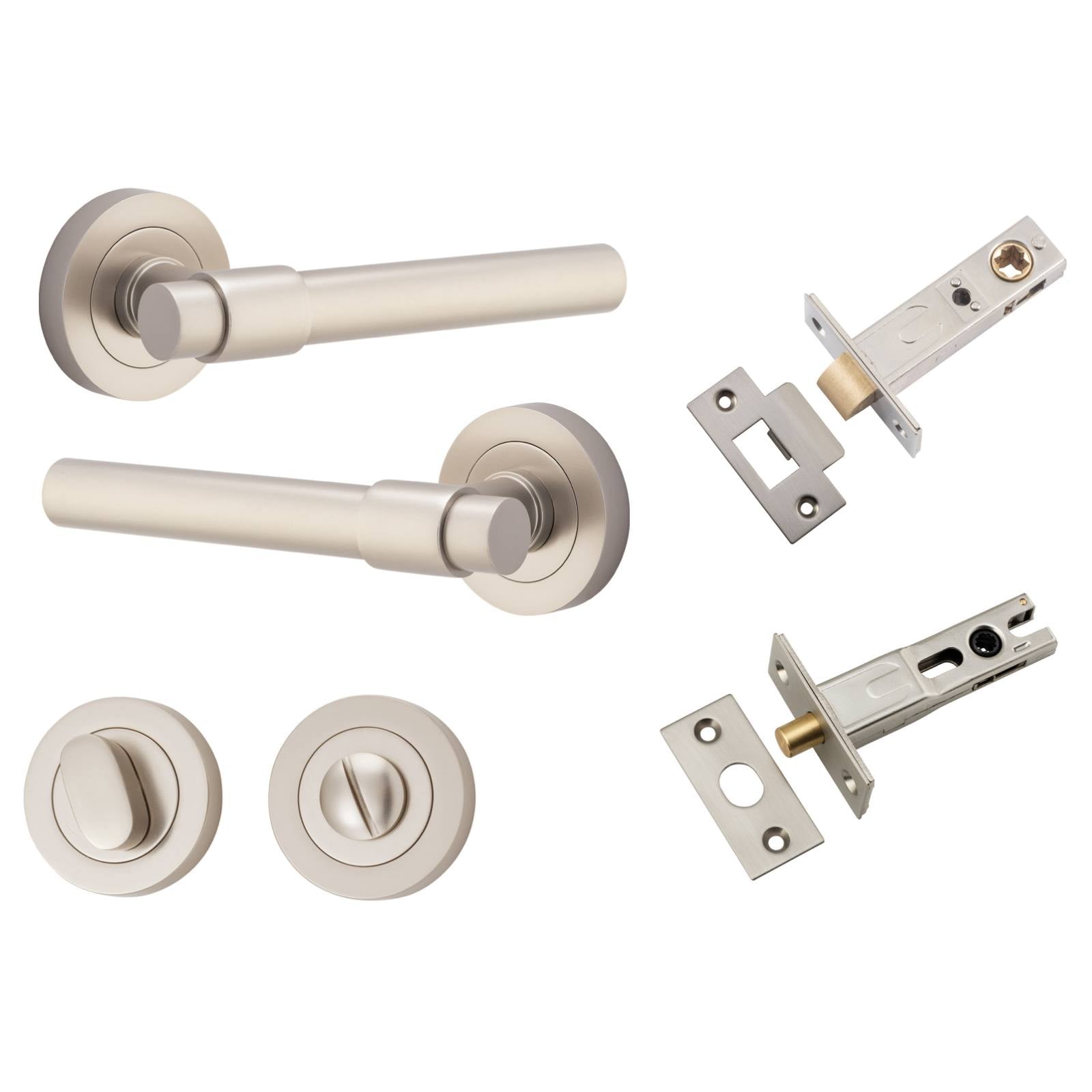 Helsinki Lever Round Rose Privacy Kit w Separate Privacy Turn Satin Nickel