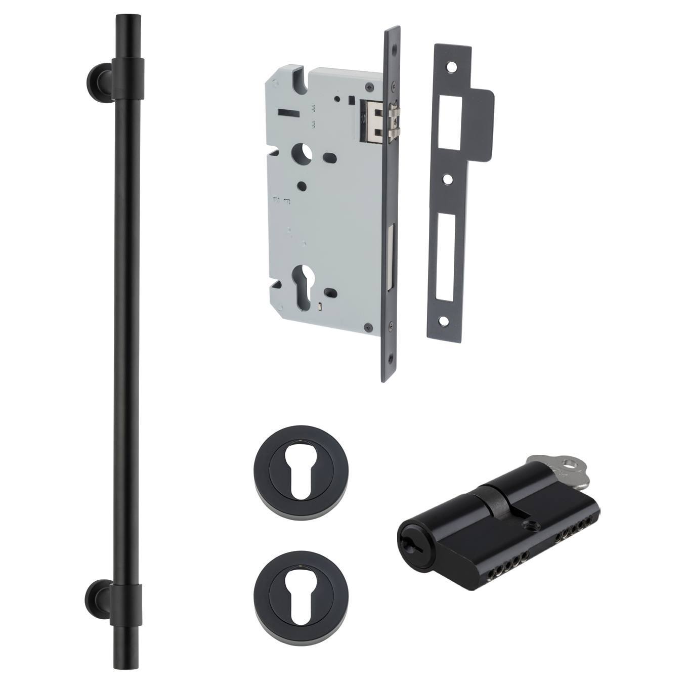 Helsinki Pull Handle 450mm Entrance Kit w Separare High Security Lock Matt Black