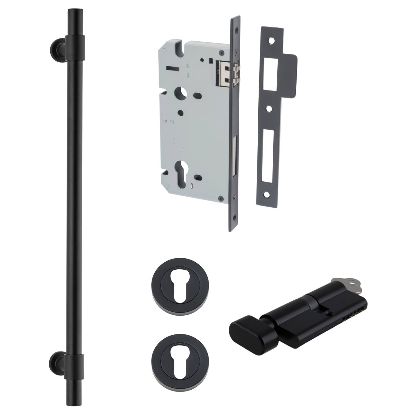 Helsinki Pull Handle 450mm Entrance Kit w Separare High Security Lock Matt Black