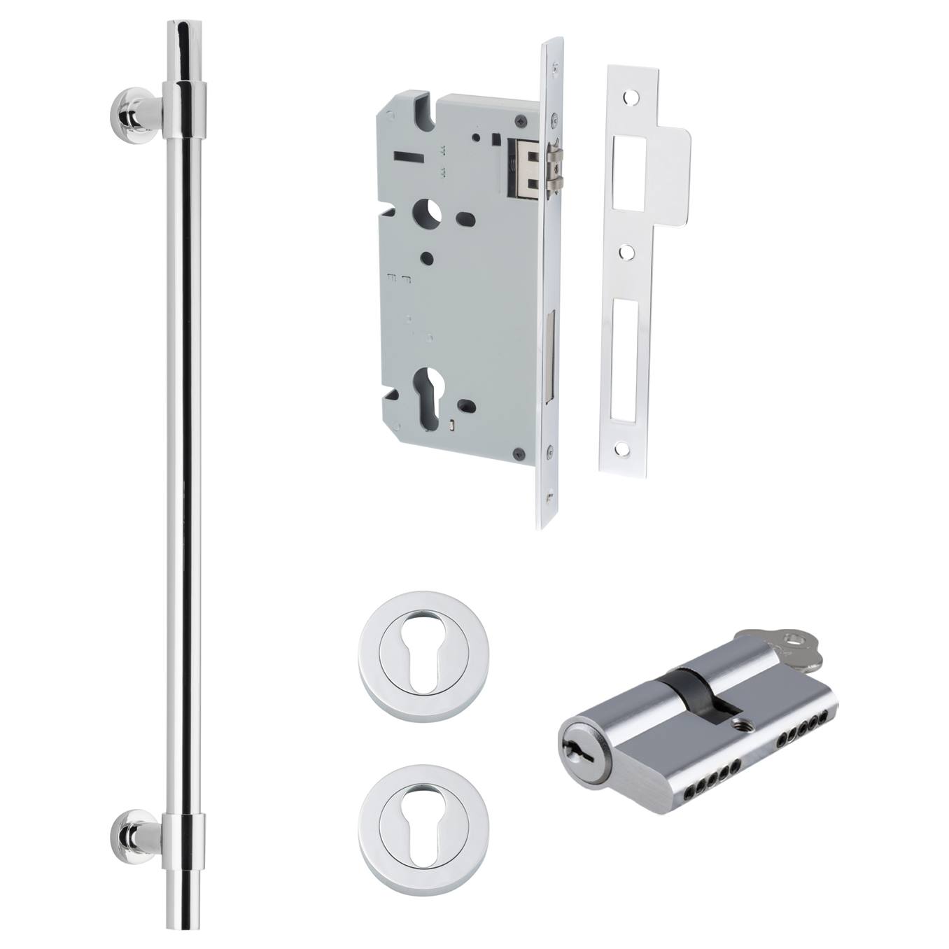 Helsinki Pull Handle 450mm Entrance Kit w Separare High Security Lock Polished Chrome