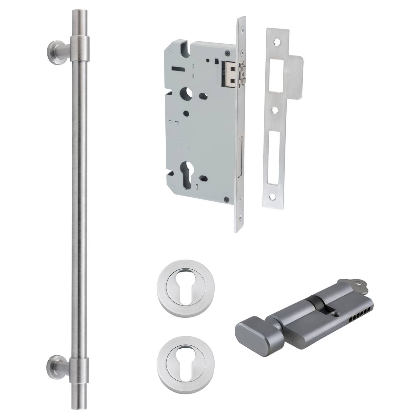 Helsinki Pull Handle 450mm Entrance Kit w Separare High Security Lock Brushed Chrome