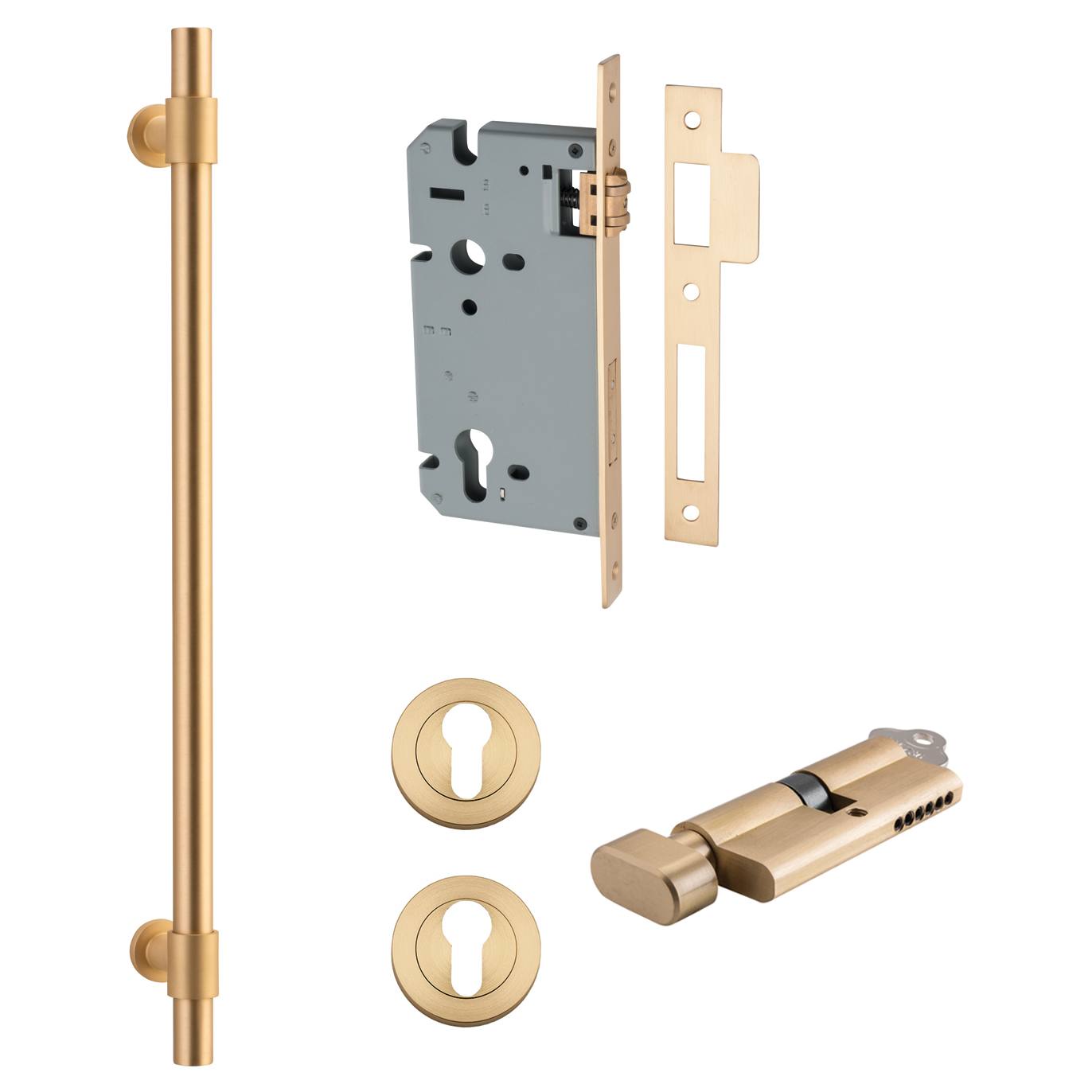 Helsinki Pull Handle 450mm Entrance Kit w Separare High Security Lock Brushed Brass