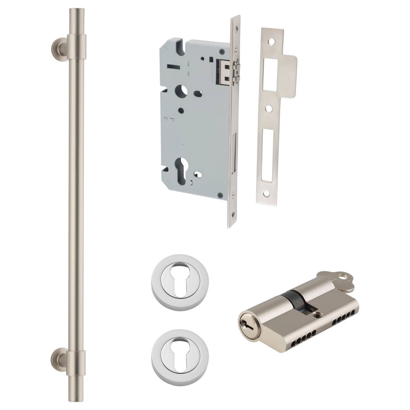 Helsinki Pull Handle 450mm Entrance Kit w Separare High Security Lock Satin Nickel