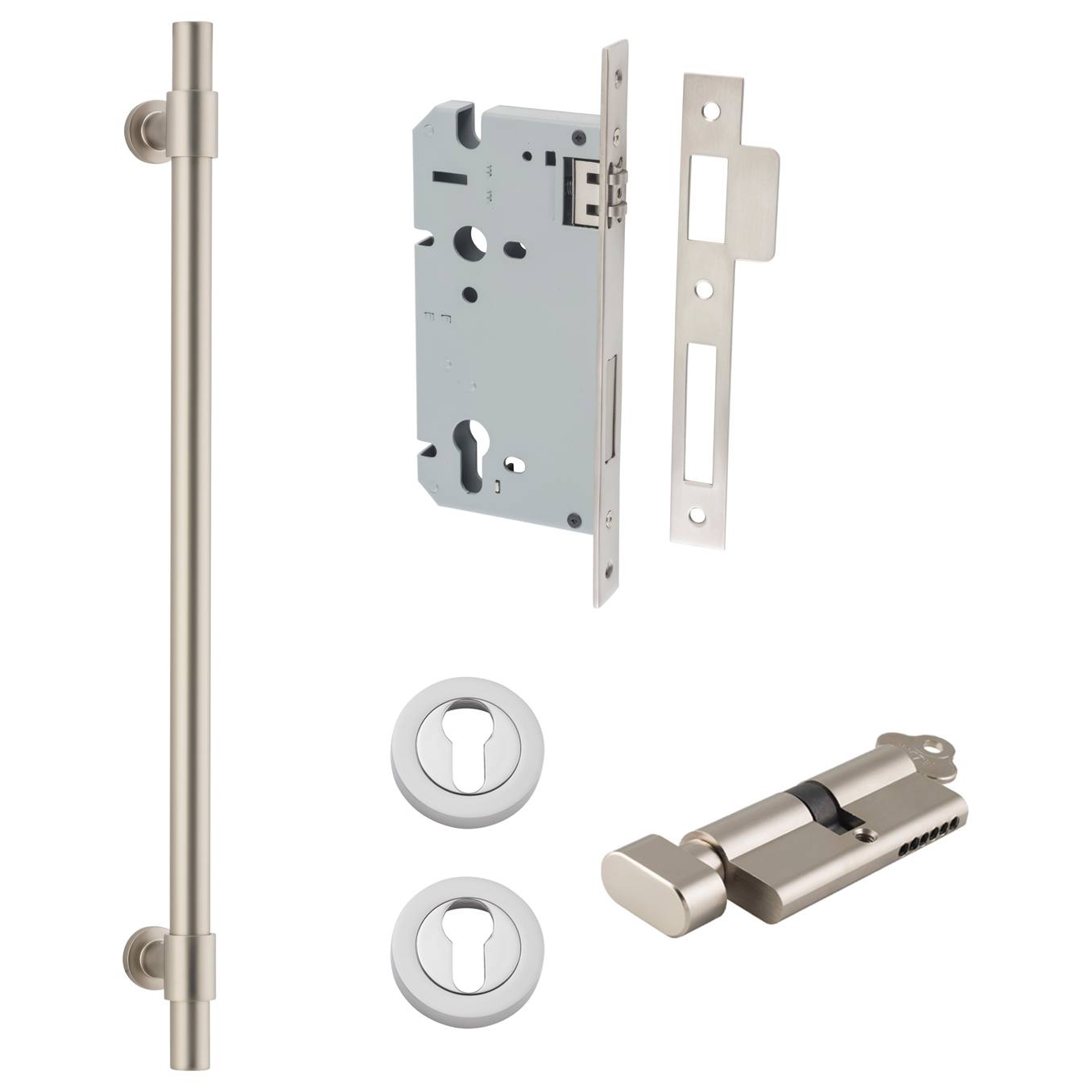 Helsinki Pull Handle 450mm Entrance Kit w Separare High Security Lock Satin Nickel