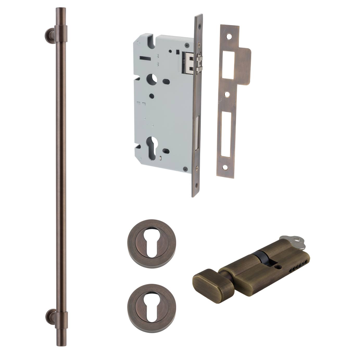 Helsinki Pull Handle 600mm Entrance Kit w Separare High Security Lock Signature Brass