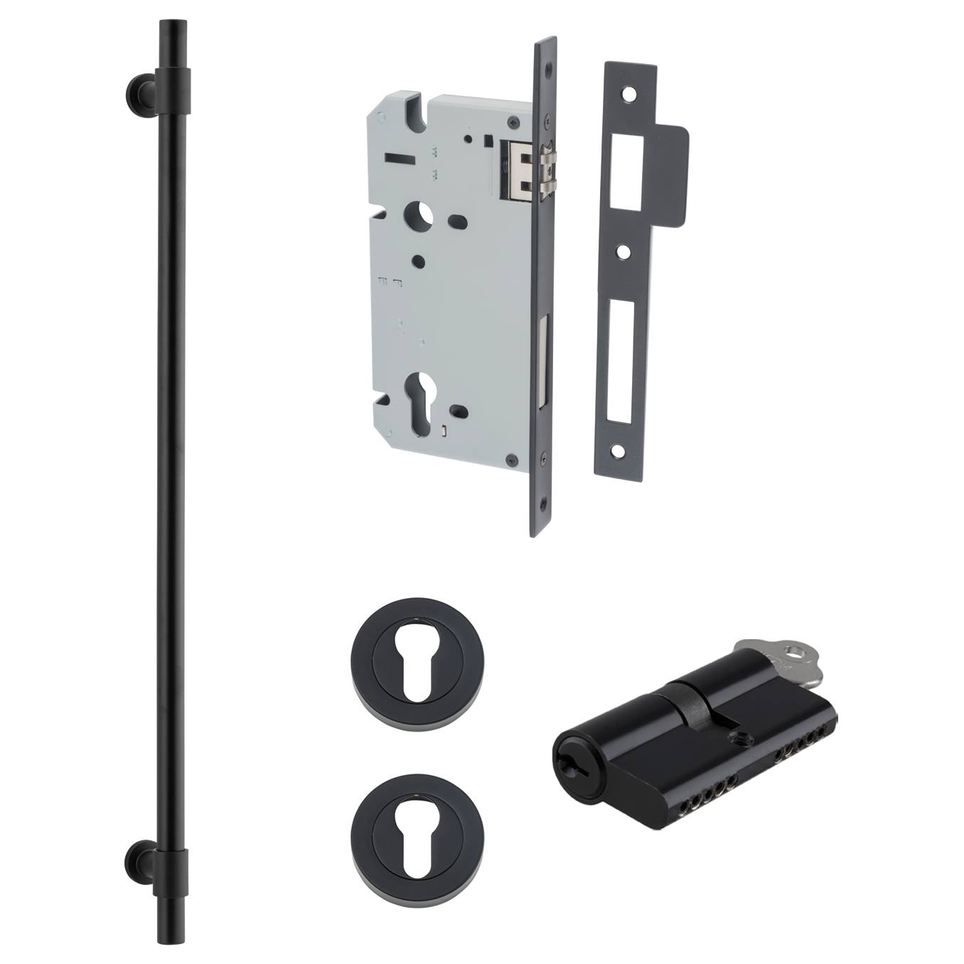 Helsinki Pull Handle 600mm Entrance Kit w Separare High Security Lock Matt Black