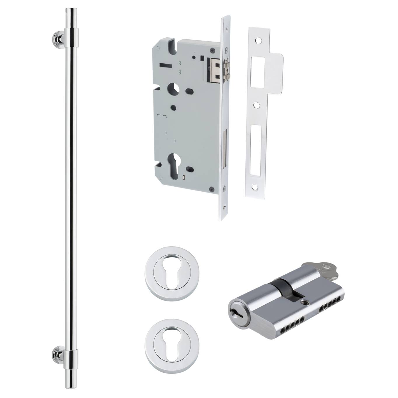 Helsinki Pull Handle 600mm Entrance Kit w Separare High Security Lock Polished Chrome