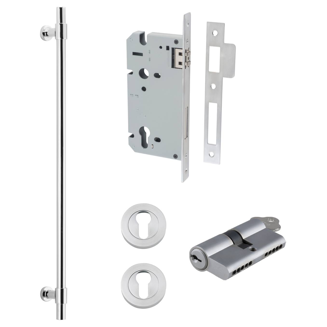 Helsinki Pull Handle 600mm Entrance Kit w Separare High Security Lock Brushed Chrome