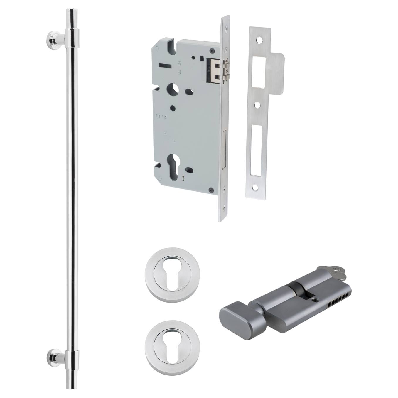 Helsinki Pull Handle 600mm Entrance Kit w Separare High Security Lock Brushed Chrome