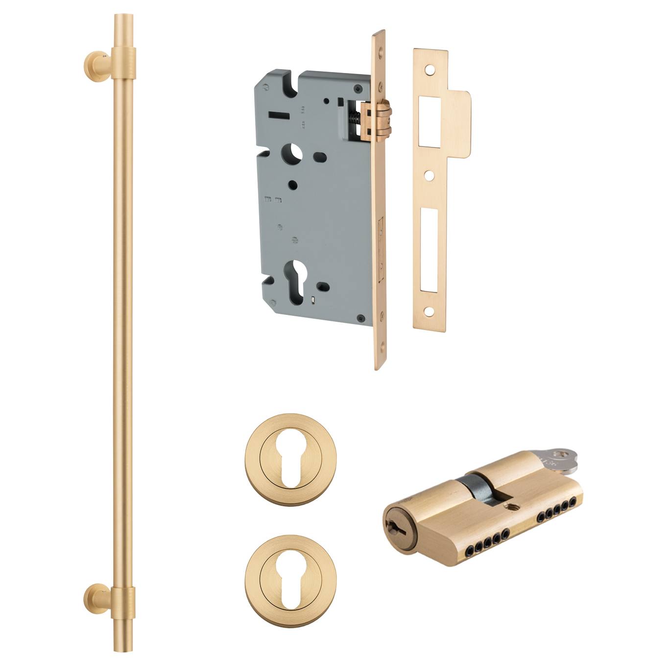 Helsinki Pull Handle 600mm Entrance Kit w Separare High Security Lock Brushed Brass