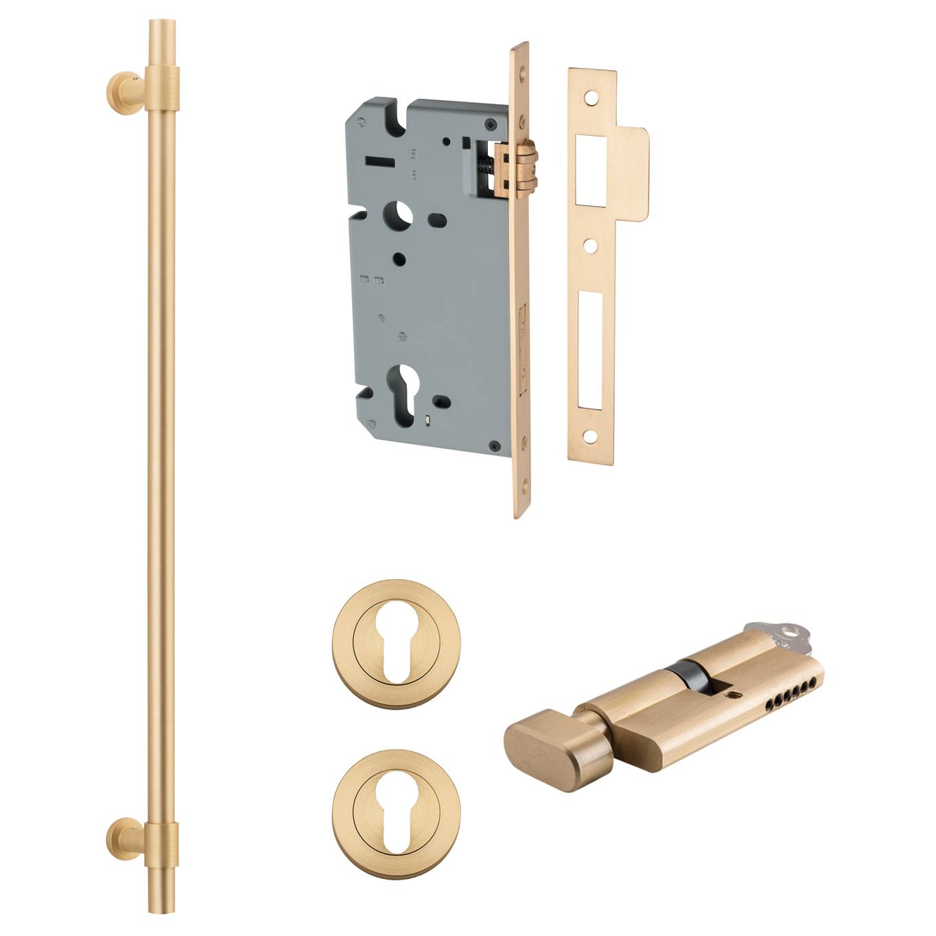 Helsinki Pull Handle 600mm Entrance Kit w Separare High Security Lock Brushed Brass