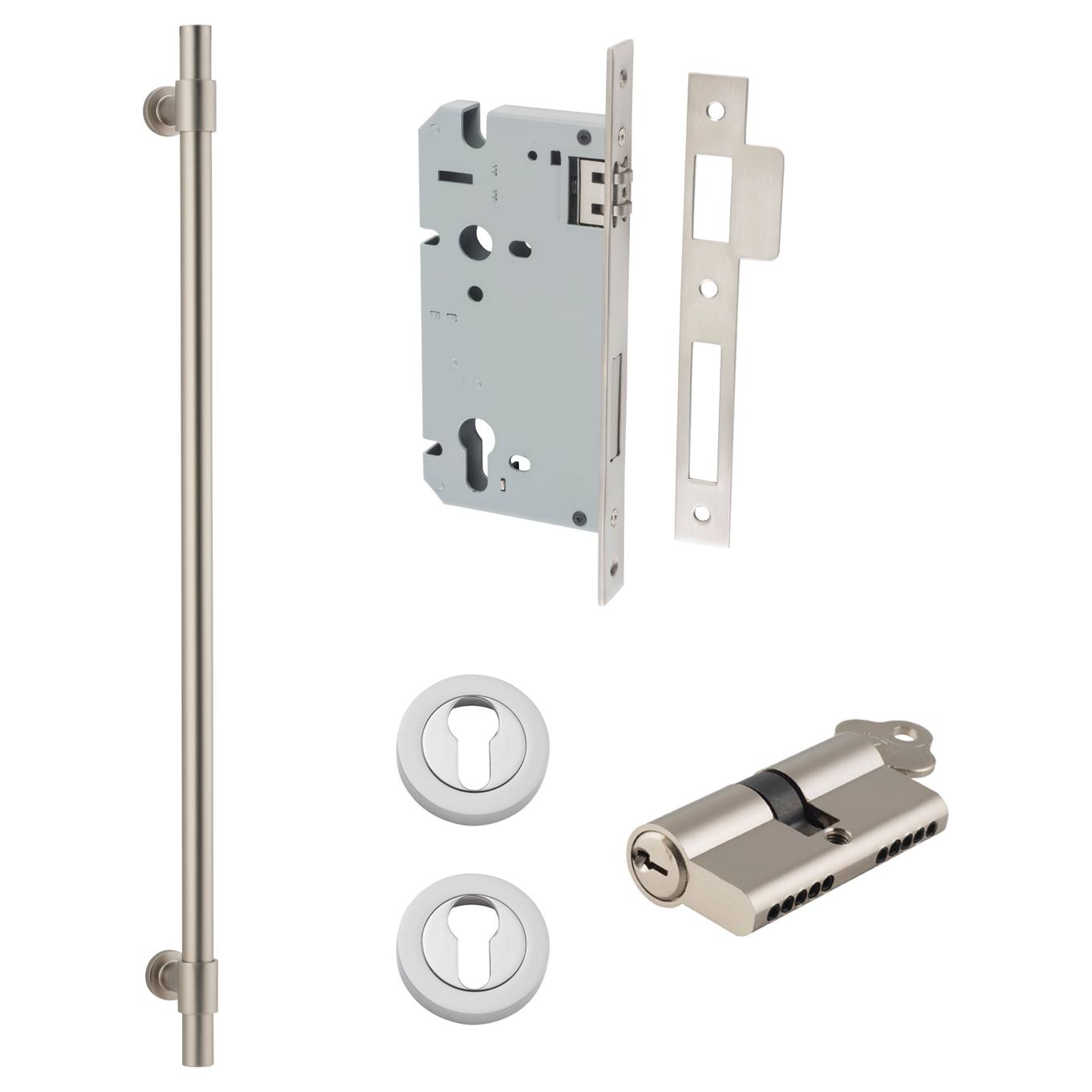 Helsinki Pull Handle 600mm Entrance Kit w Separare High Security Lock Satin Nickel