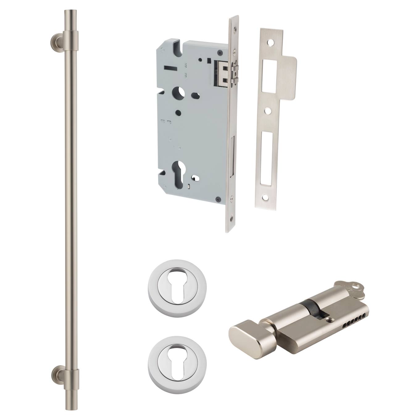 Helsinki Pull Handle 600mm Entrance Kit w Separare High Security Lock Satin Nickel