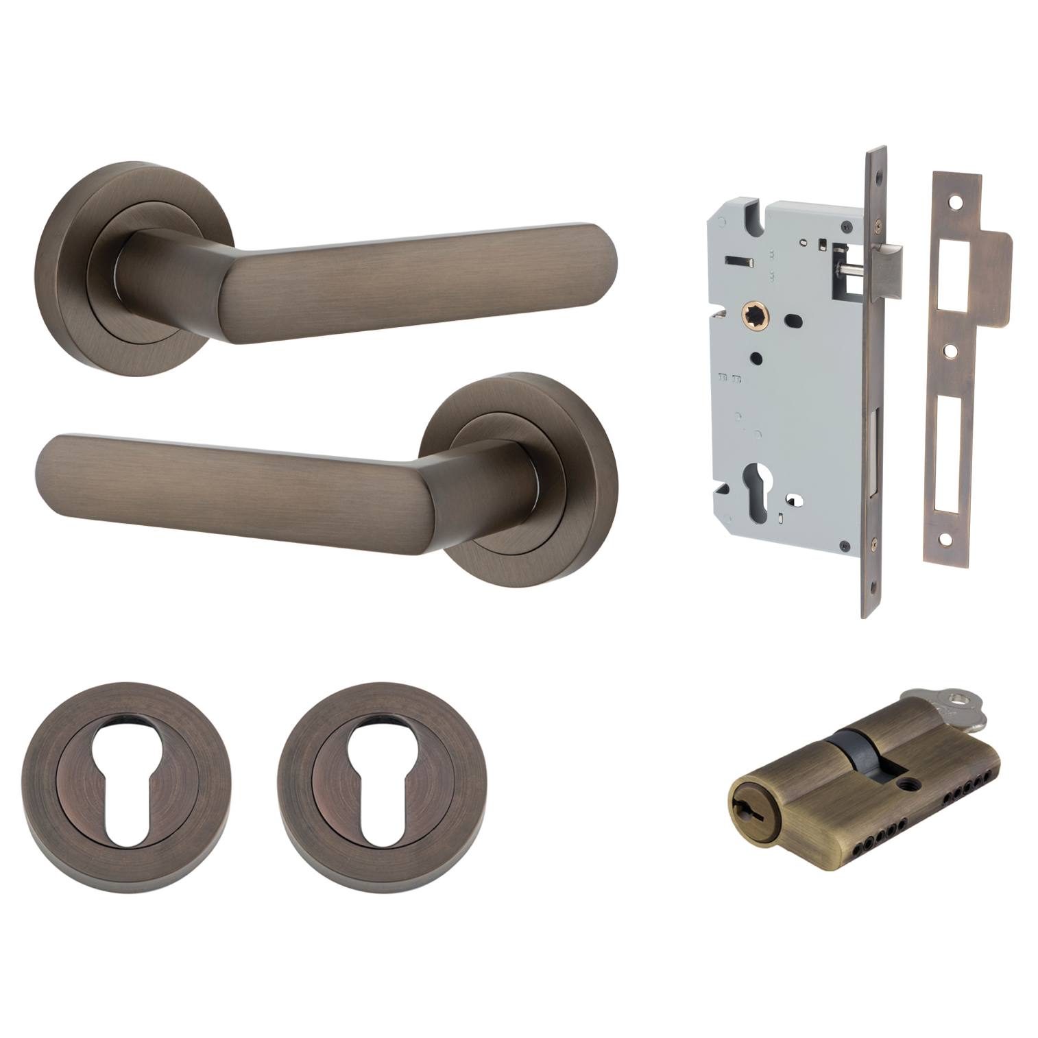 Osaka Lever Round Rose Entrance Kit w Separate High Security Lock Signature Brass