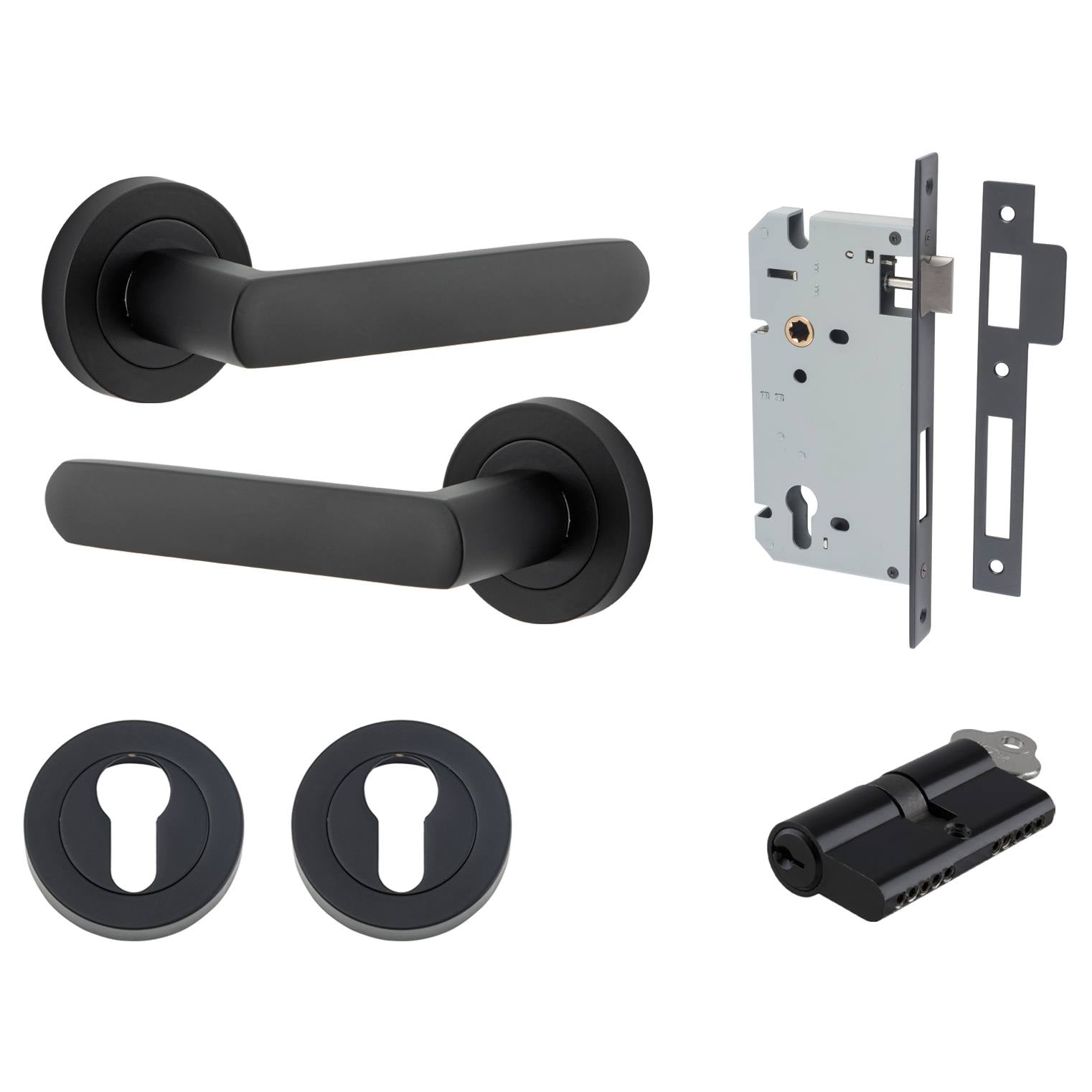 Osaka Lever Round Rose Entrance Kit w Separate High Security Lock Matt Black