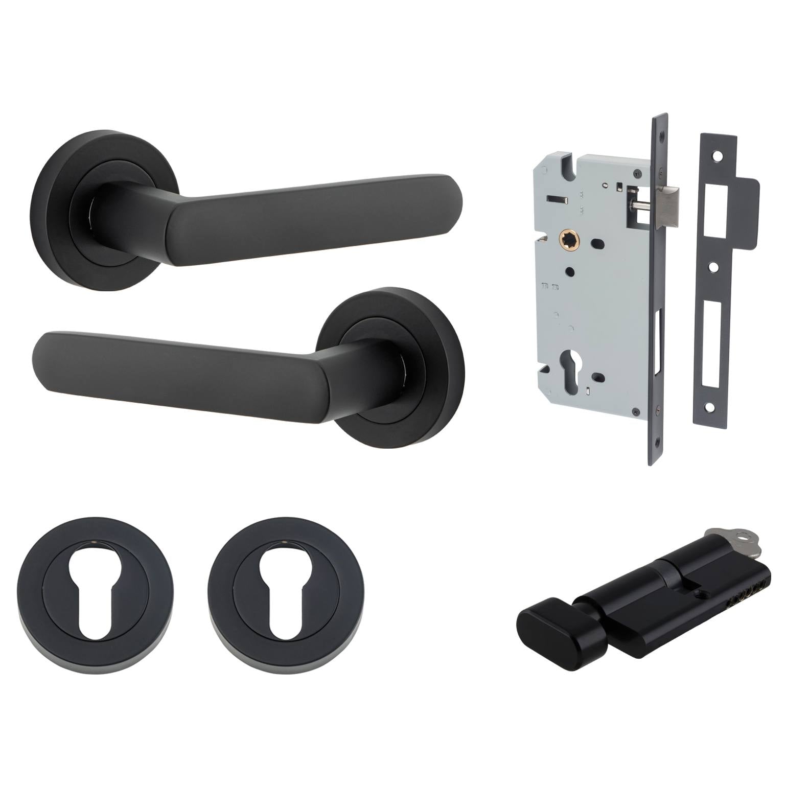 Osaka Lever Round Rose Entrance Kit w Separate High Security Lock Matt Black