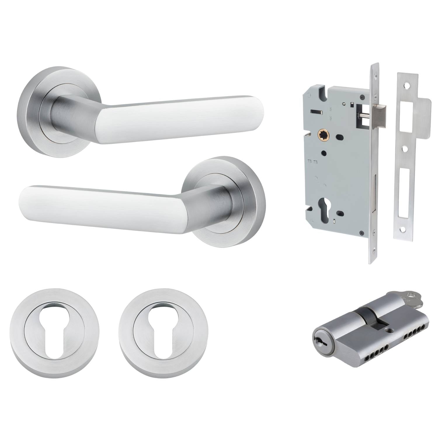 Osaka Lever Round Rose Entrance Kit w Separate High Security Lock Brushed Chrome