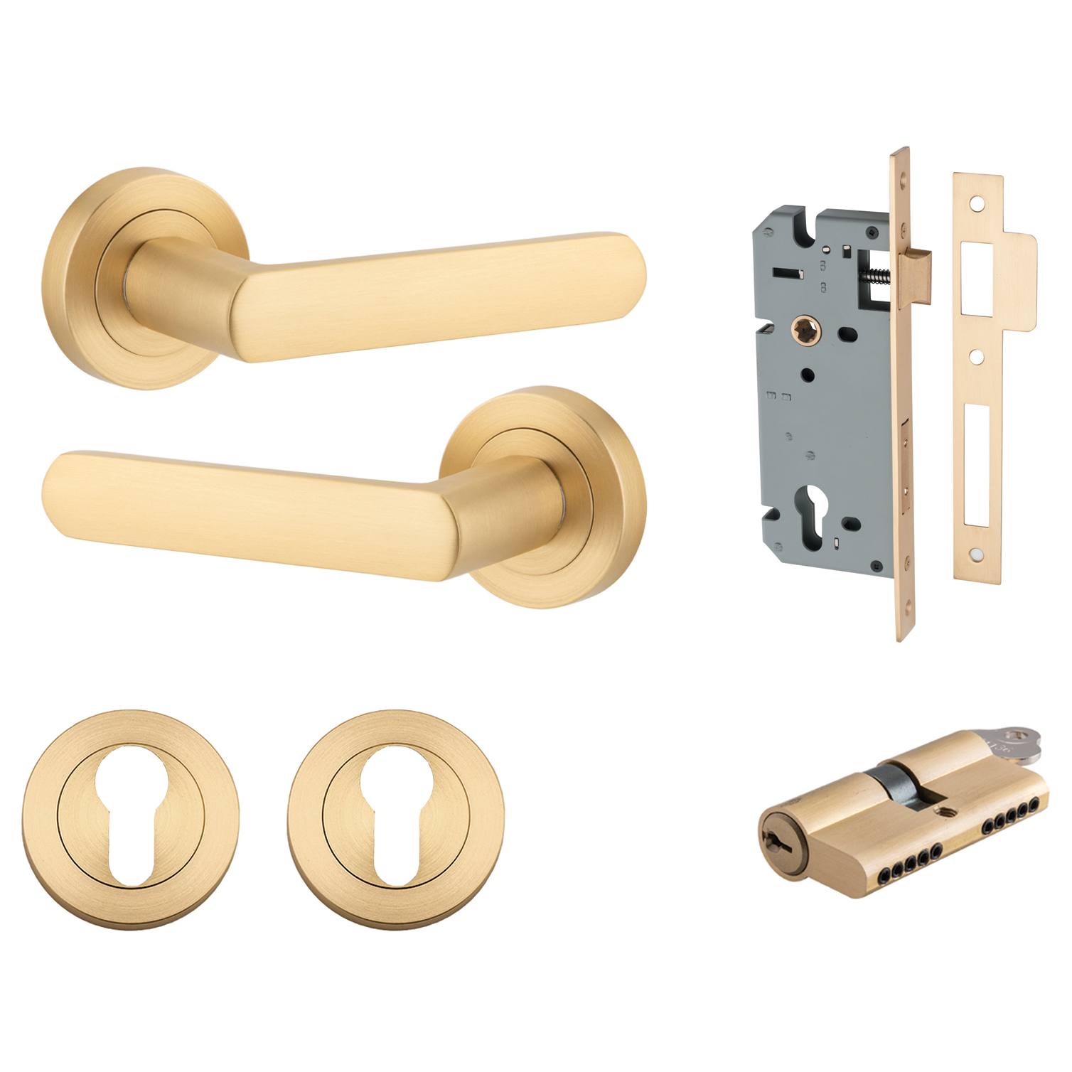 Osaka Lever Round Rose Entrance Kit w Separate High Security Lock Brushed Brass
