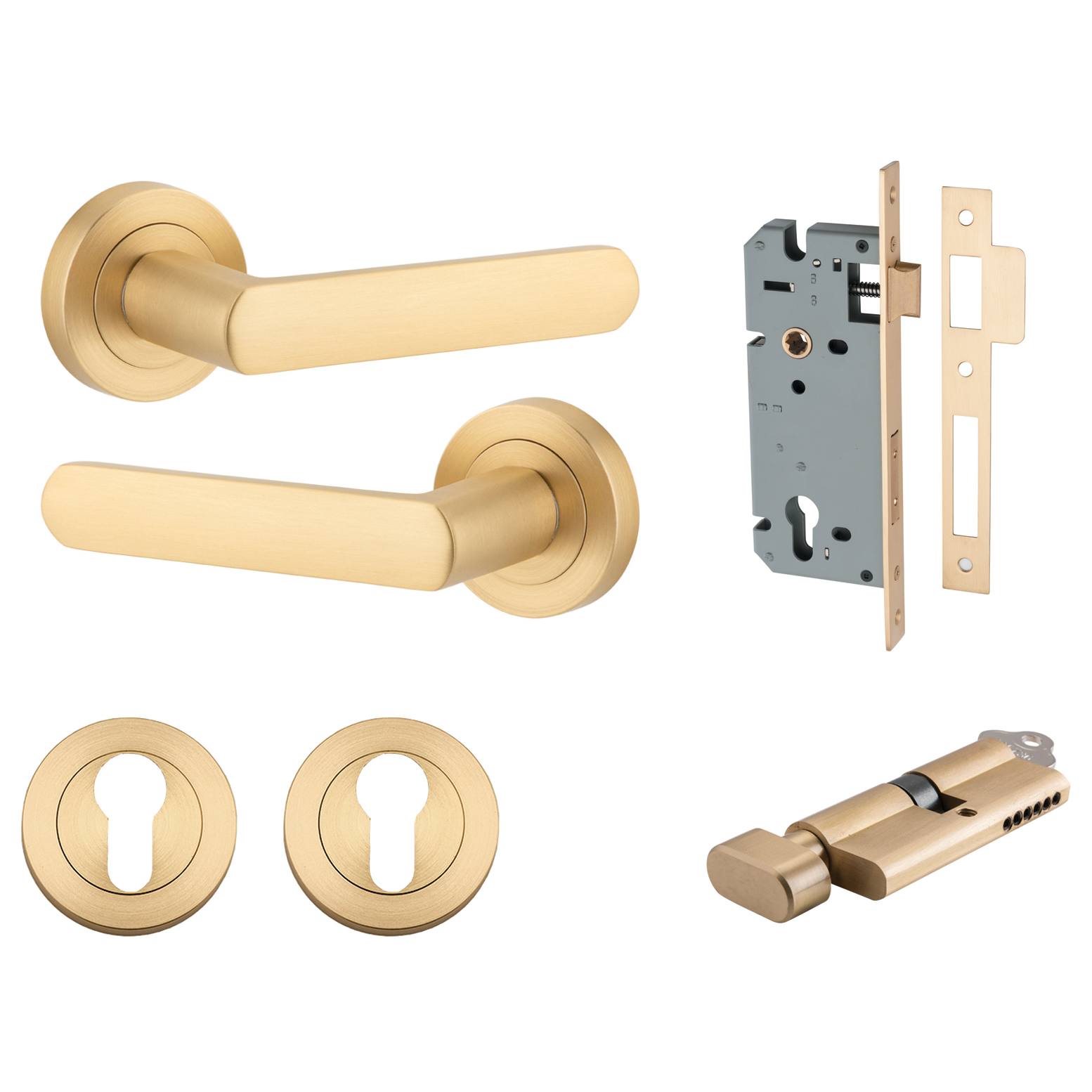Osaka Lever Round Rose Entrance Kit w Separate High Security Lock Brushed Brass