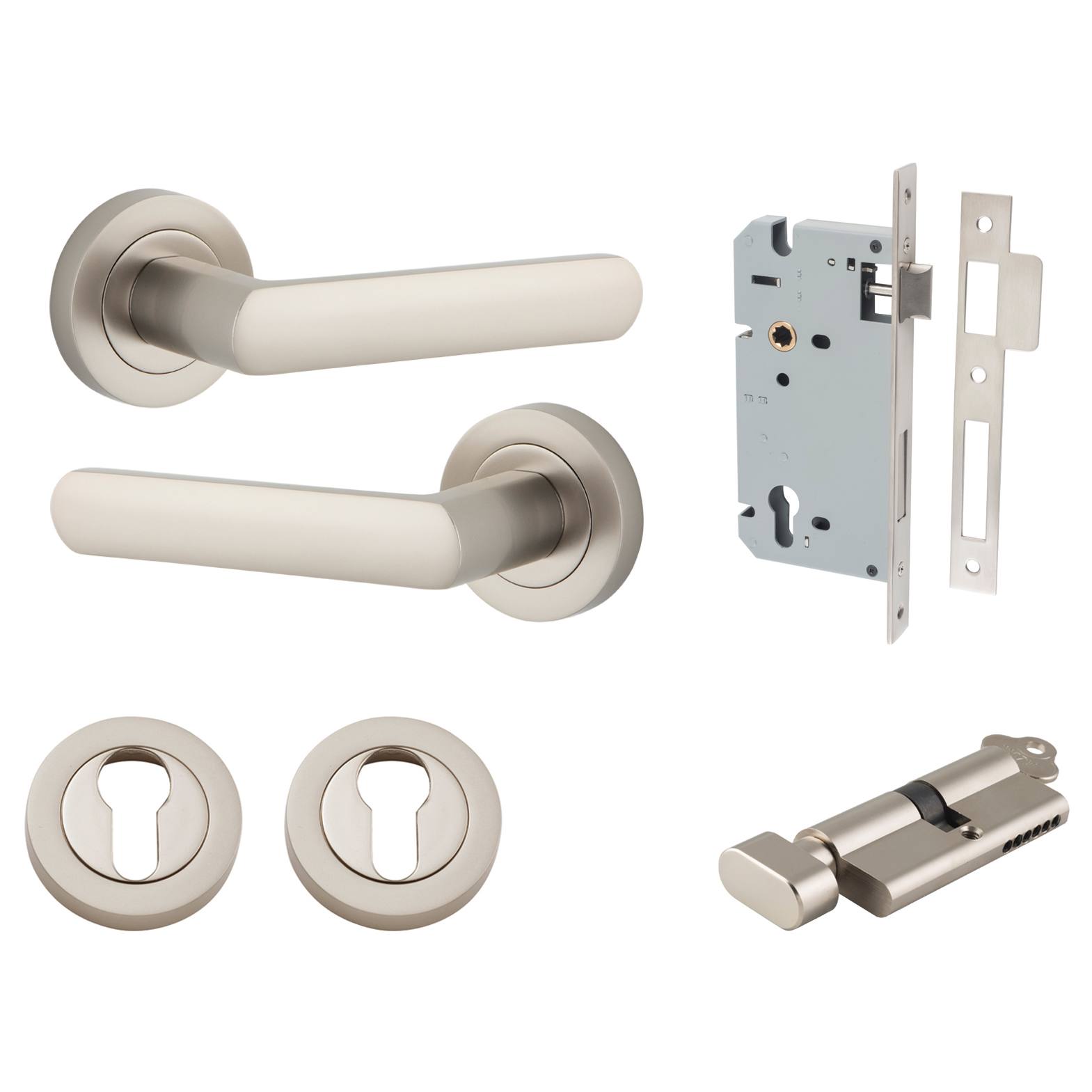 Osaka Lever Round Rose Entrance Kit w Separate High Security Lock Satin Nickel