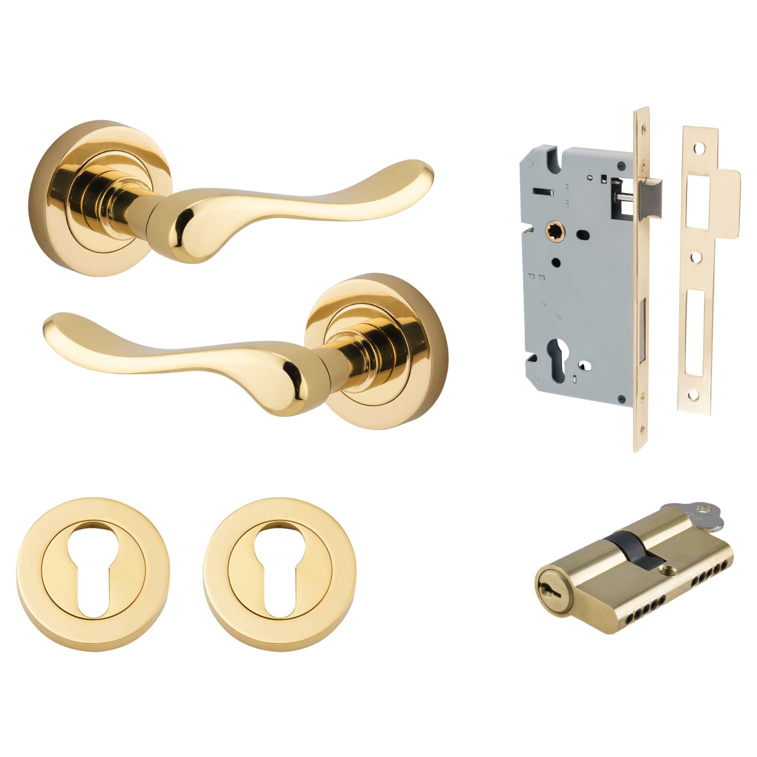Stirling Lever Round Rose Entrance Kit w Separate High Security Lock Polished Brass